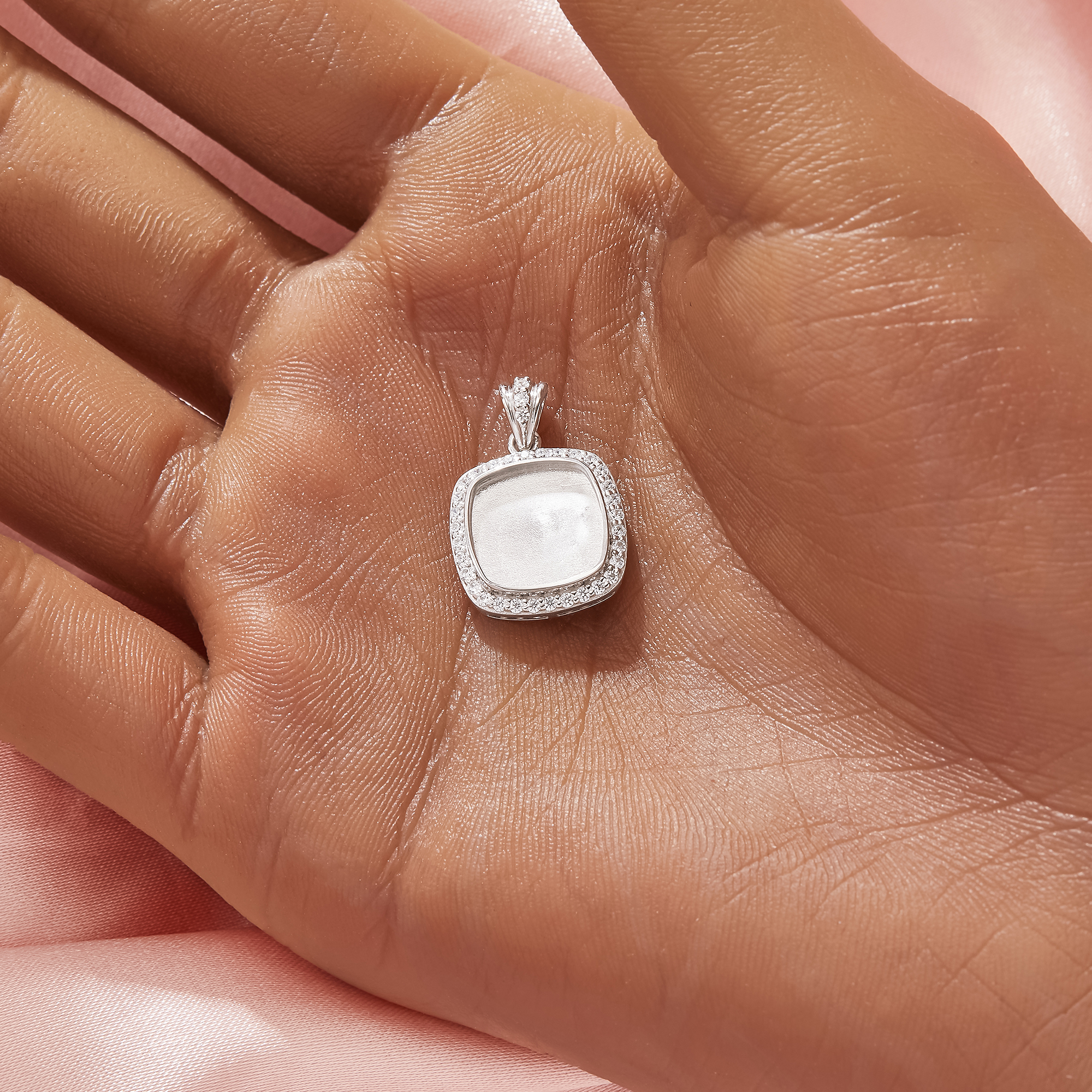 Keepsake Breast Milk Resin Cushion Square Bezel Pendant Settings,Solid 925 Sterling Silver Pendant Charm,Halo Pave CZ Stone Pendant,DIY Pendant Supplies 1431566-1