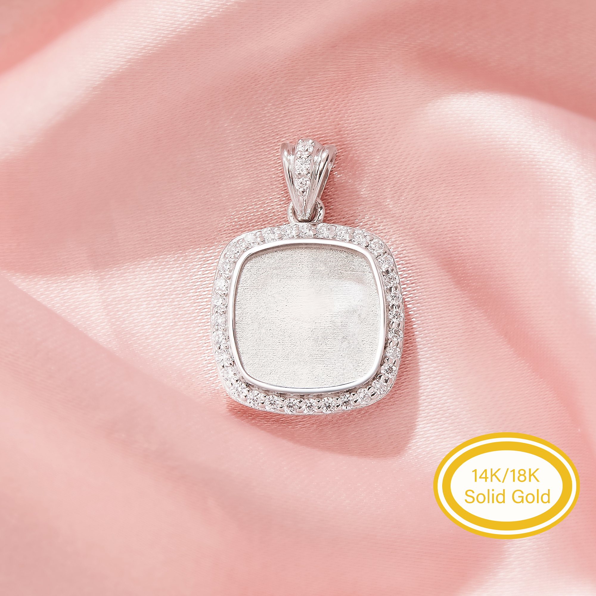 Keepsake Breast Milk Resin Cushion Square Bezel Pendant Settings,Solid 14K 18K Gold Pendant Charm,Halo Pave Moissanite Pendant,DIY Pendant Supplies 1431566-1