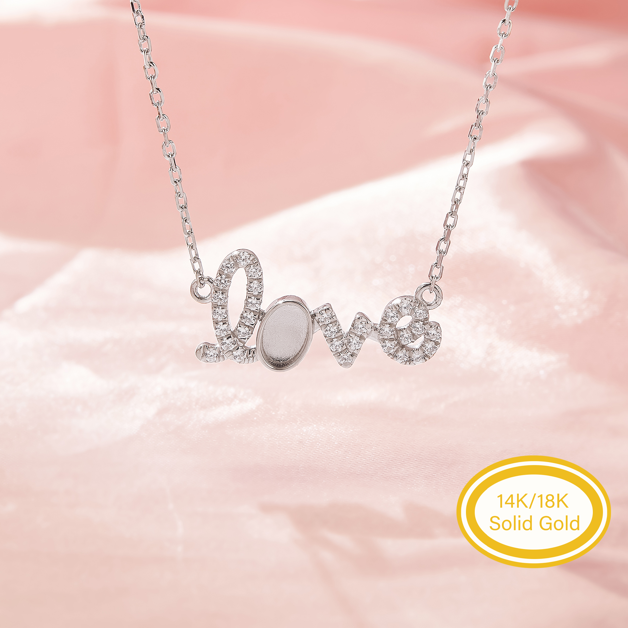 Keepsake Breast Milk Resin 4x6MM Oval Bezel LOVE Pendant Settings,Solid 14K 18K Gold Necklace Chain 1431570