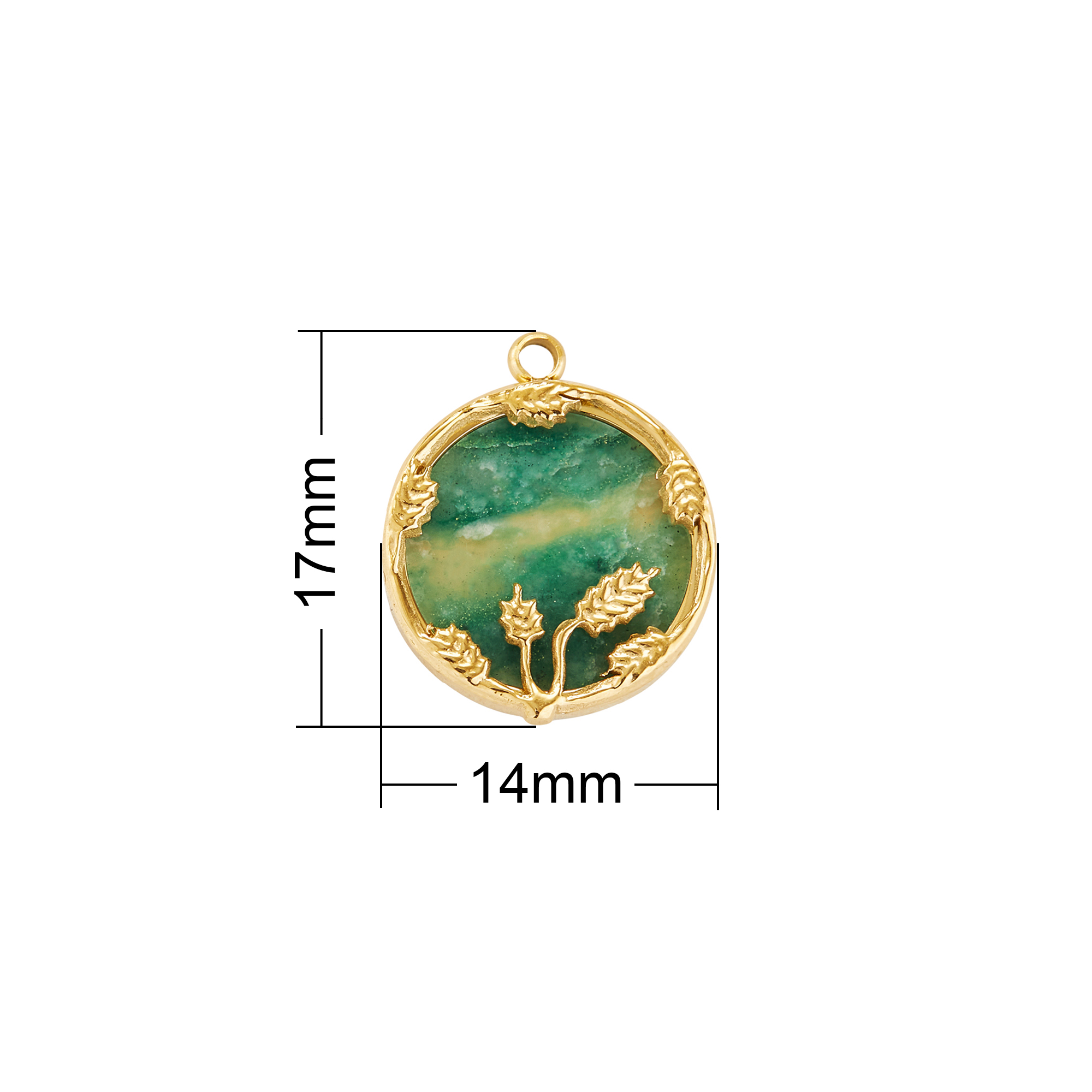Gold Plated Leaf Round Pendant Charm With Green Amazonite Stone,Stainless Steel Simple Round Pendant Charm With Loop,DIY Pendant Supplies 1431579