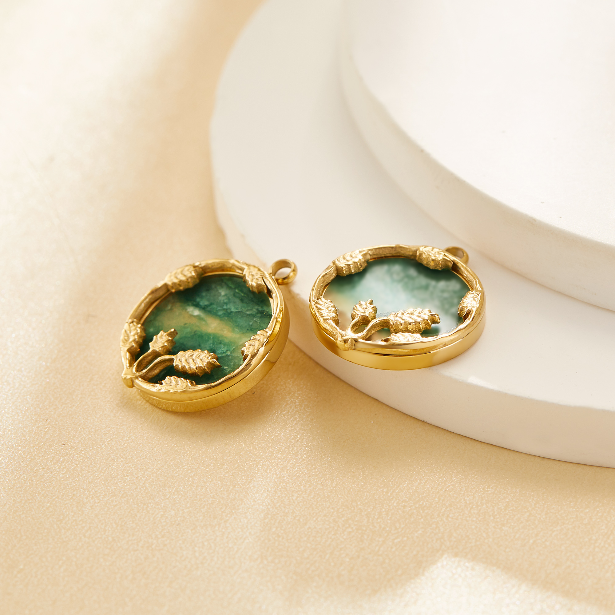 Gold Plated Leaf Round Pendant Charm With Green Amazonite Stone,Stainless Steel Simple Round Pendant Charm With Loop,DIY Pendant Supplies 1431579