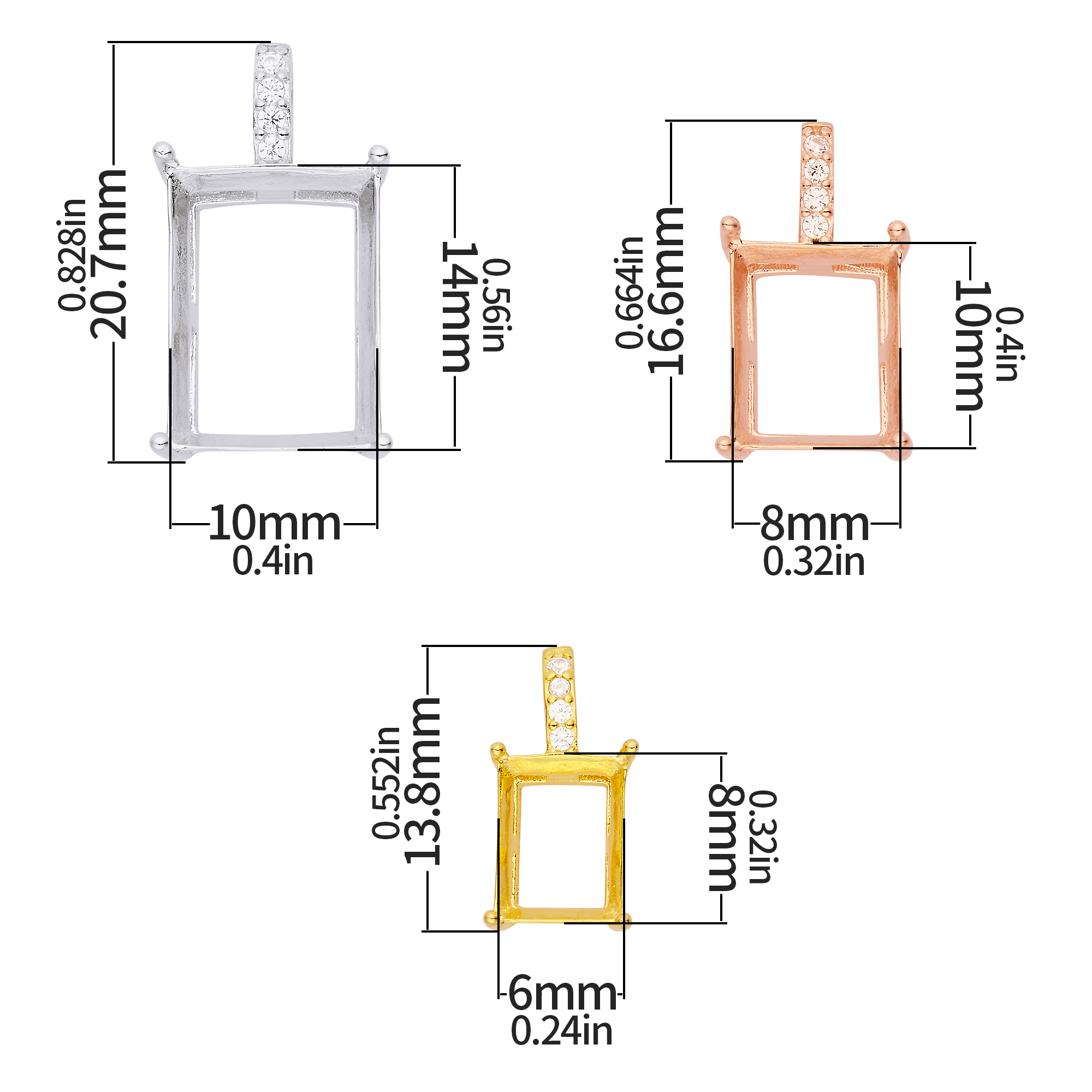 Rectangle Prong Pendant Bezel Settings,Solid 925 Sterling Silver Rose Gold Plated Pendant Charm,Simple Rectangle Pendant,DIY Pendant Supplies 1431592