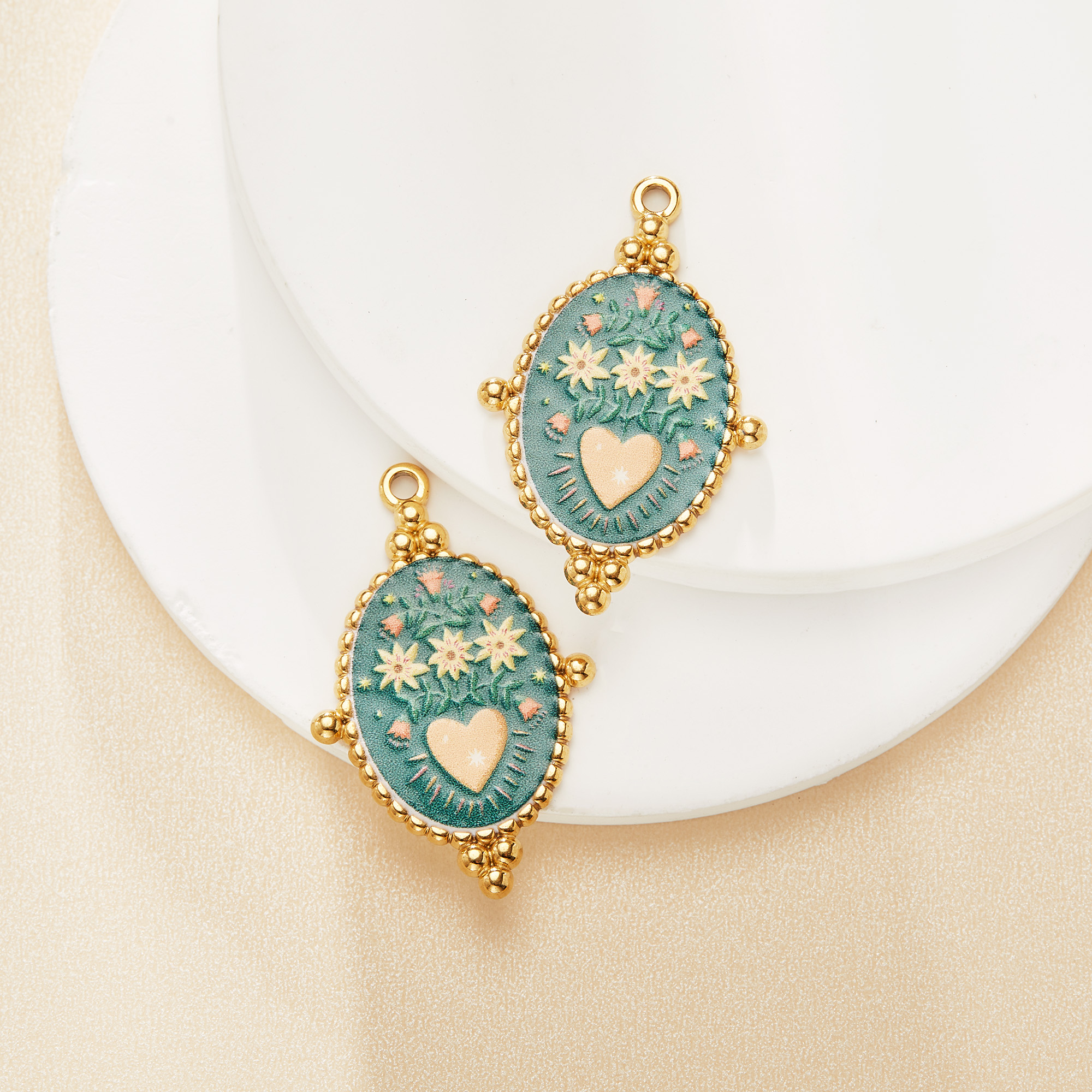 Art Deco Stainless Steel Flower Pendant,Epoxy Flower Painting Pendant Charm,DIY Pendant Supplies 1431616