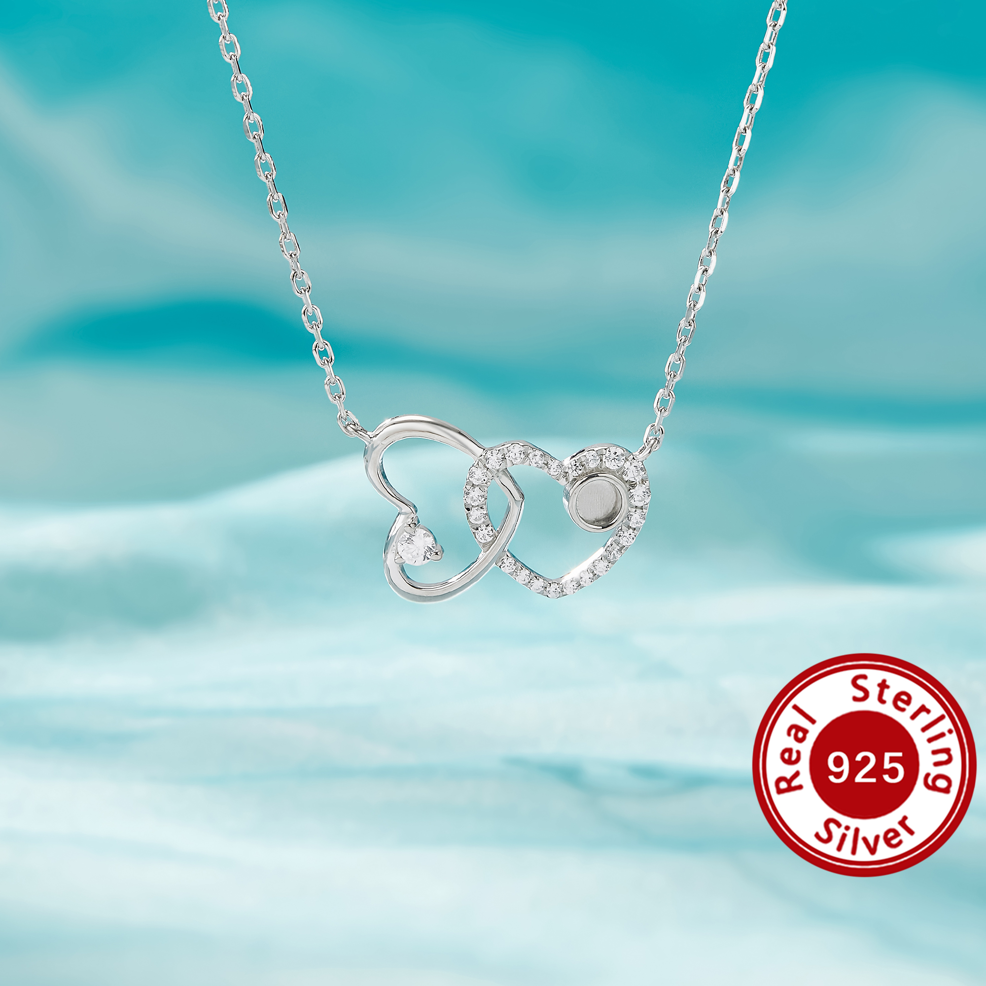 3MM Keepsake Mother Milk Double Hearts Bezel Pendant Settings,Solid Back Solid 925 Sterling Silver Necklace With Chain 16''+2'' 1431680-1