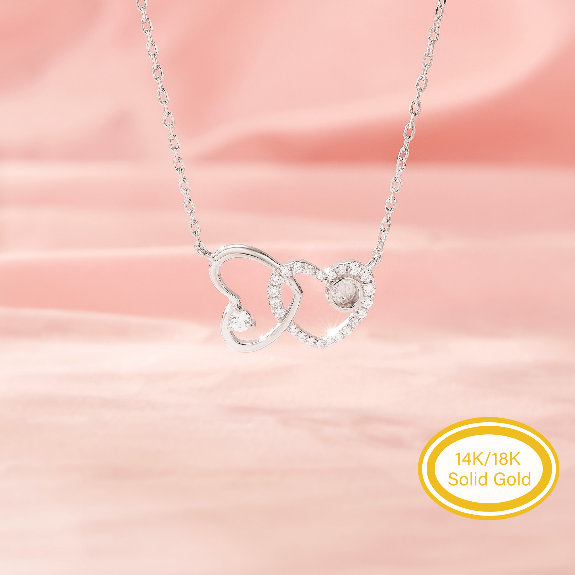 3MM Keepsake Mother Milk Double Hearts Bezel Pendant Settings,Birthstone Solid Back Solid 14K 18K Gold Necklace With Chain 16''+2'' 1431680