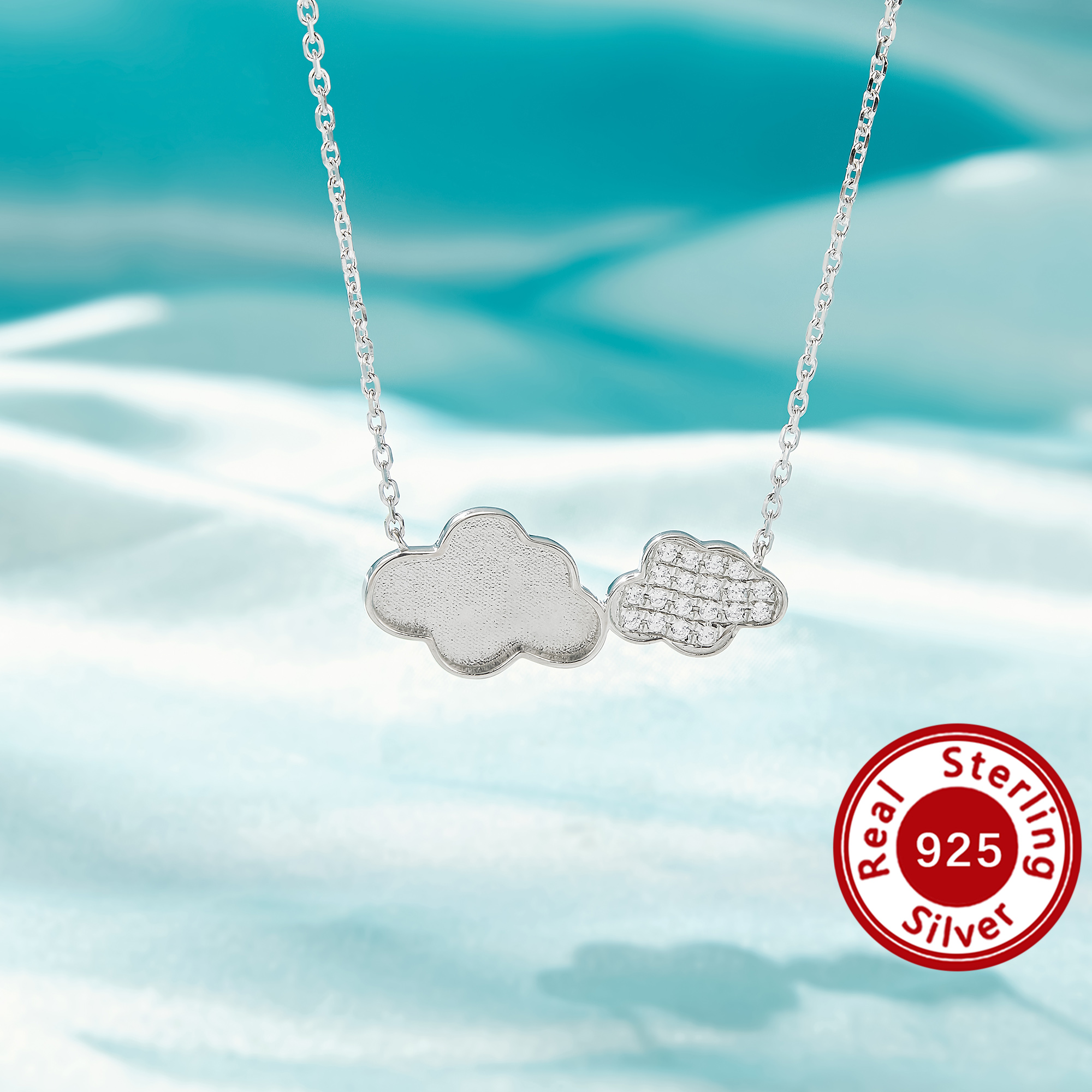 2.8MM Keepsake Mother Milk Resin Bezel Necklace Settings,Cloud Elegant Solid 925 Sterling Silver Necklace, Two Clouds Pave Jewelry 16''+2'' 1431725-1