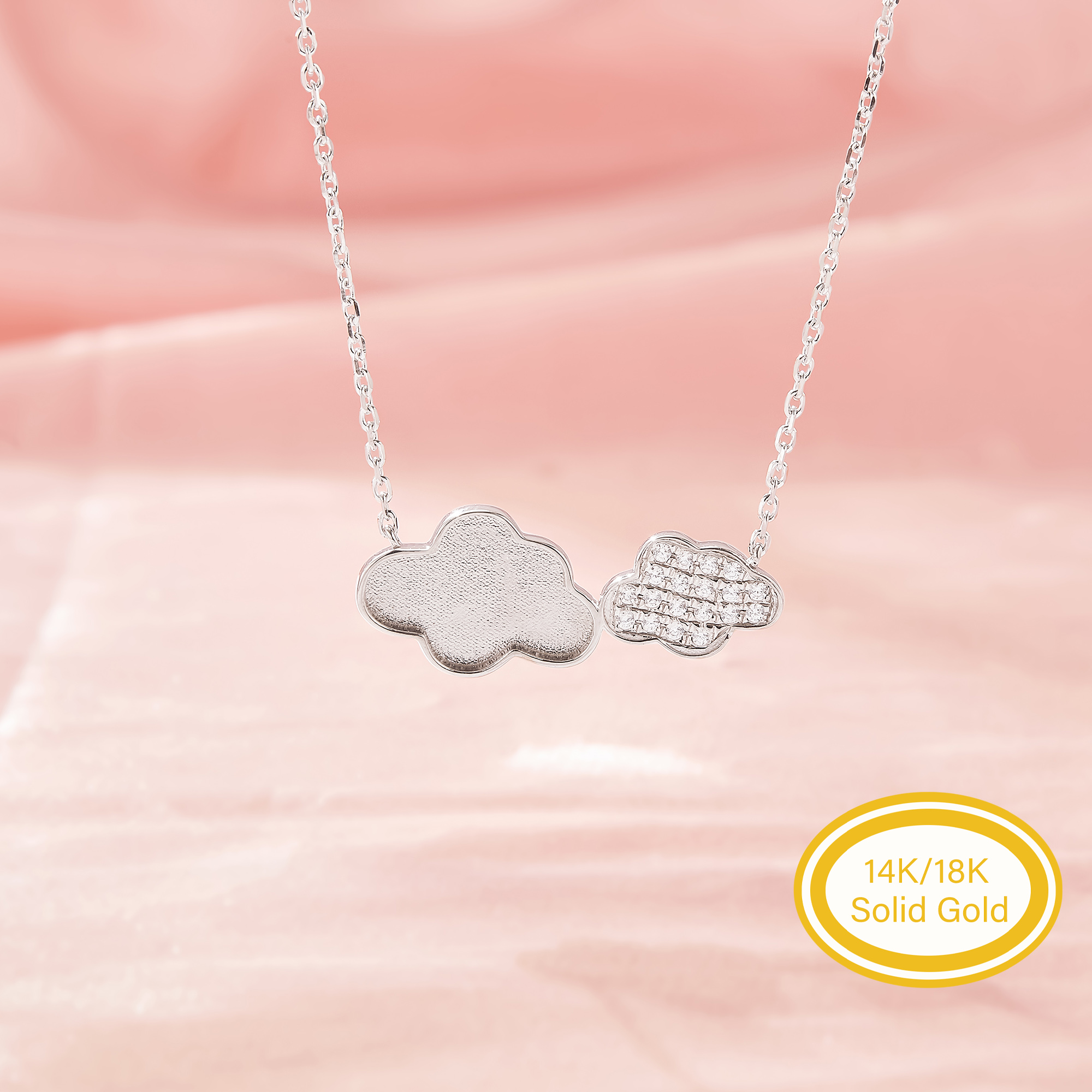 Keepsake Mother Milk Resin Bezel Necklace Settings,Cloud Elegant Solid 14K 18K Gold Necklace, Beautiful Two Clouds Pave Jewelry 16''+2'' 1431725