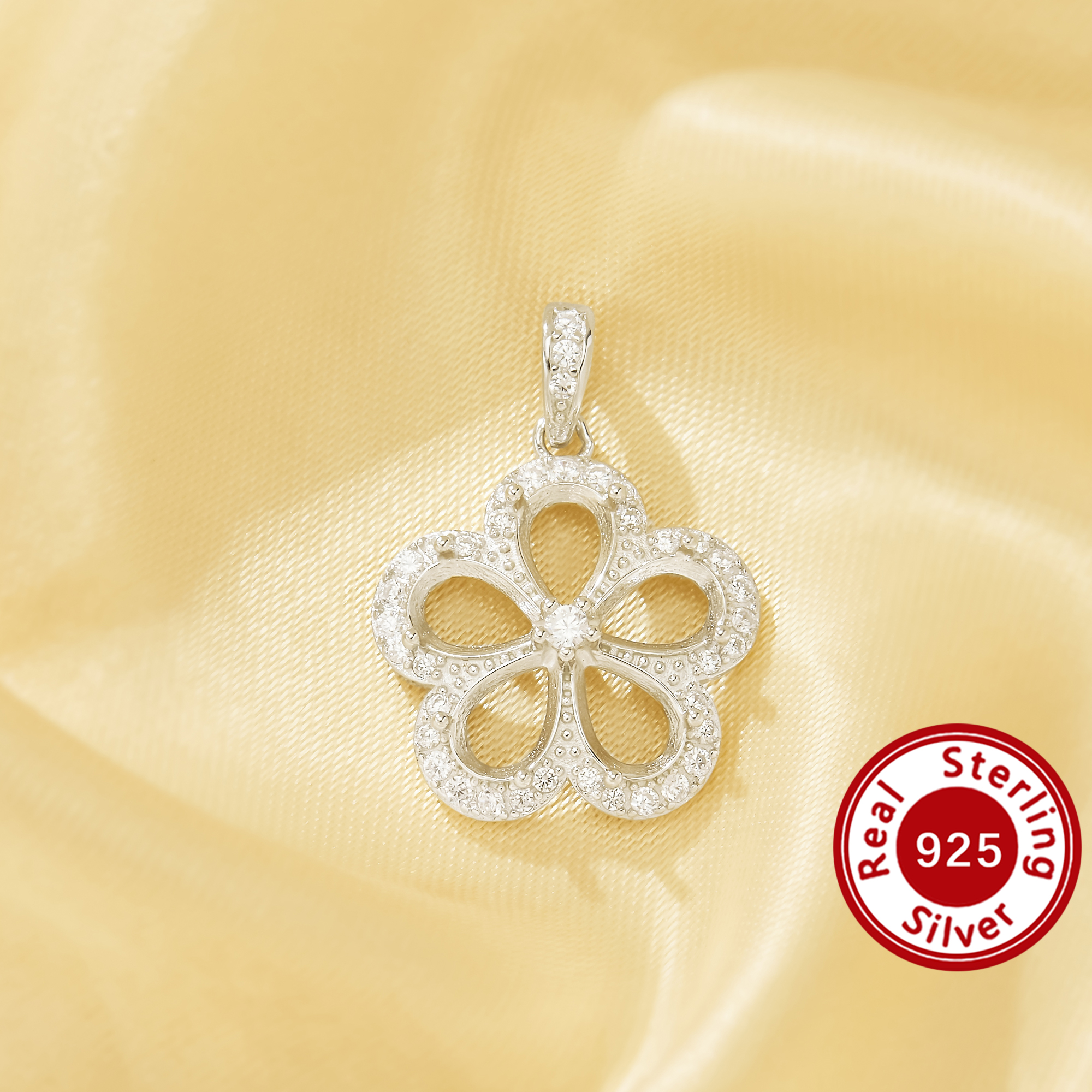 4x6MM Five Petal Flower Pendant Bezel Settings, CZ Solid 925 Sterling Silver Sparkling Floral Charm, DIY Jewelry Making Accessories 1431751