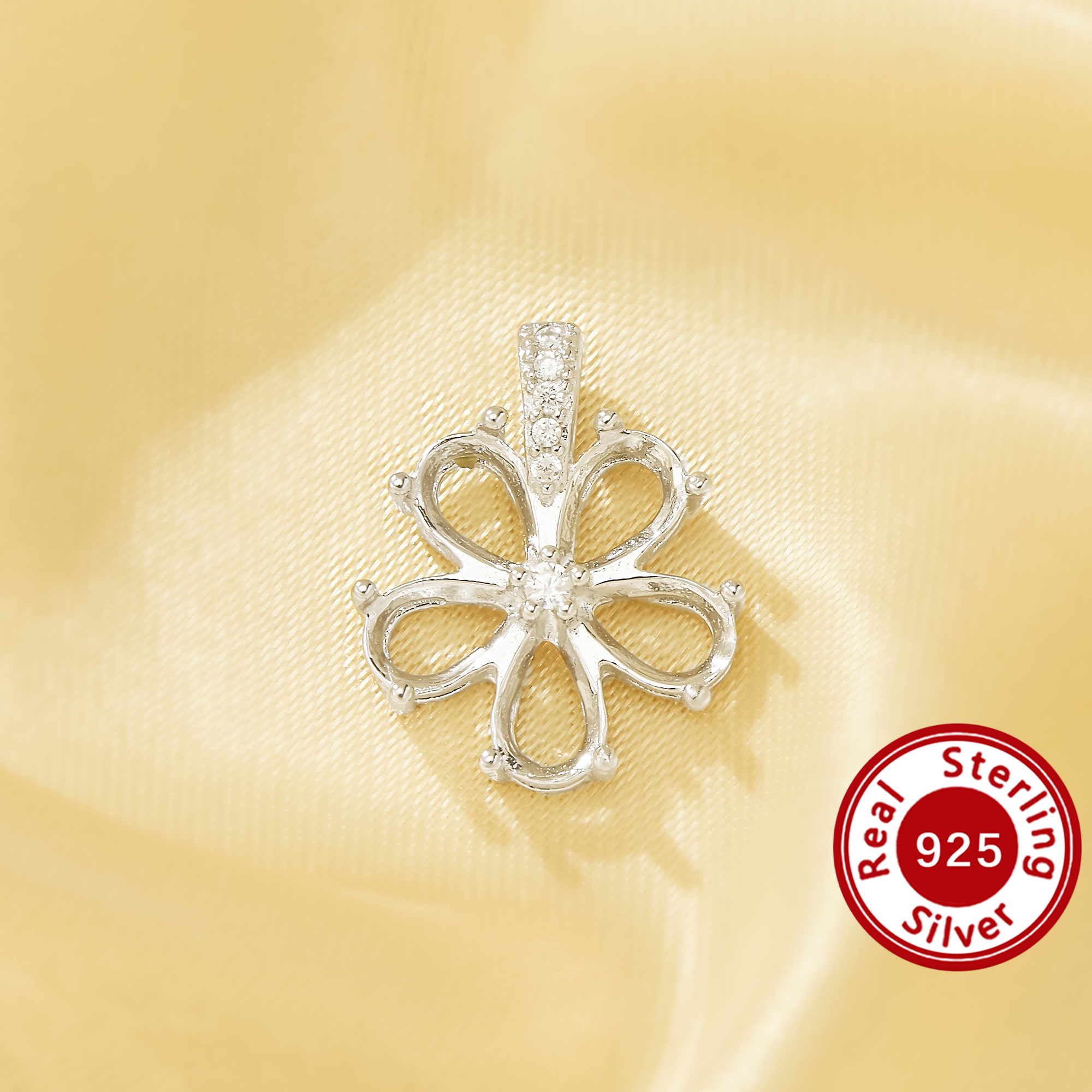 4x6MM Five Petal Prong Pendant Bezel Settings, CZ Stone Solid 925 Sterling Silver Sparkling Flower Charm, DIY Jewelry Making Crafts 1431752