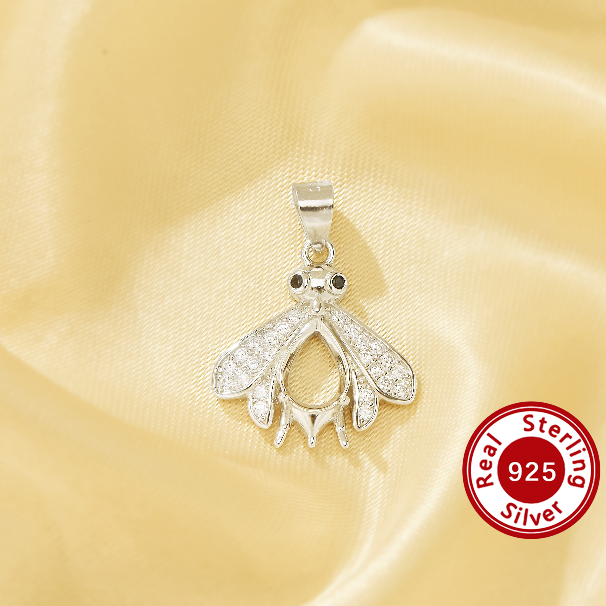 5x7MM Pear Bee Prong Pendant Bezel Settings, CZ Stone Solid 925 Sterling Silver Sparkling Honeybee Charm, DIY Jewelry Making Crafts 1431753