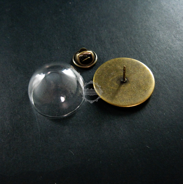 5sets 25mm setting size with glass dome cover vintage bronze antiqued round DIY brooch supplies findings 1581025 - Click Image to Close