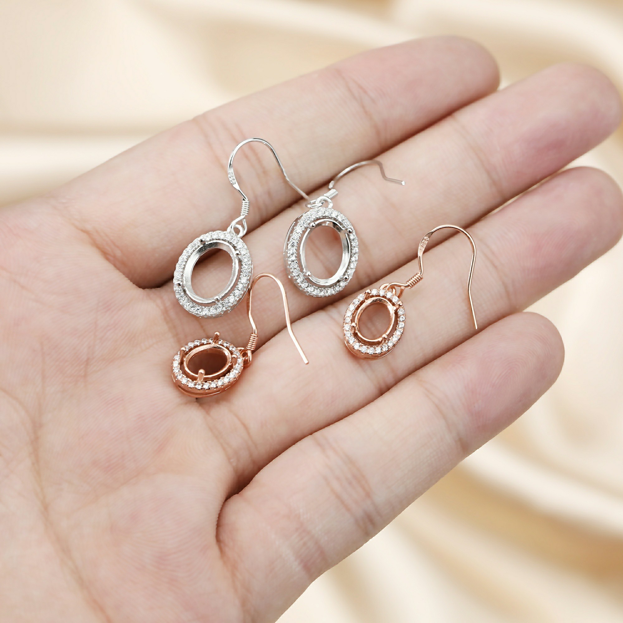 1Pair Multiple Size Oval Bezel Solid 925 Sterling Silver DIY Prong Hook Earrings Settings Bezel 1702197 - Click Image to Close