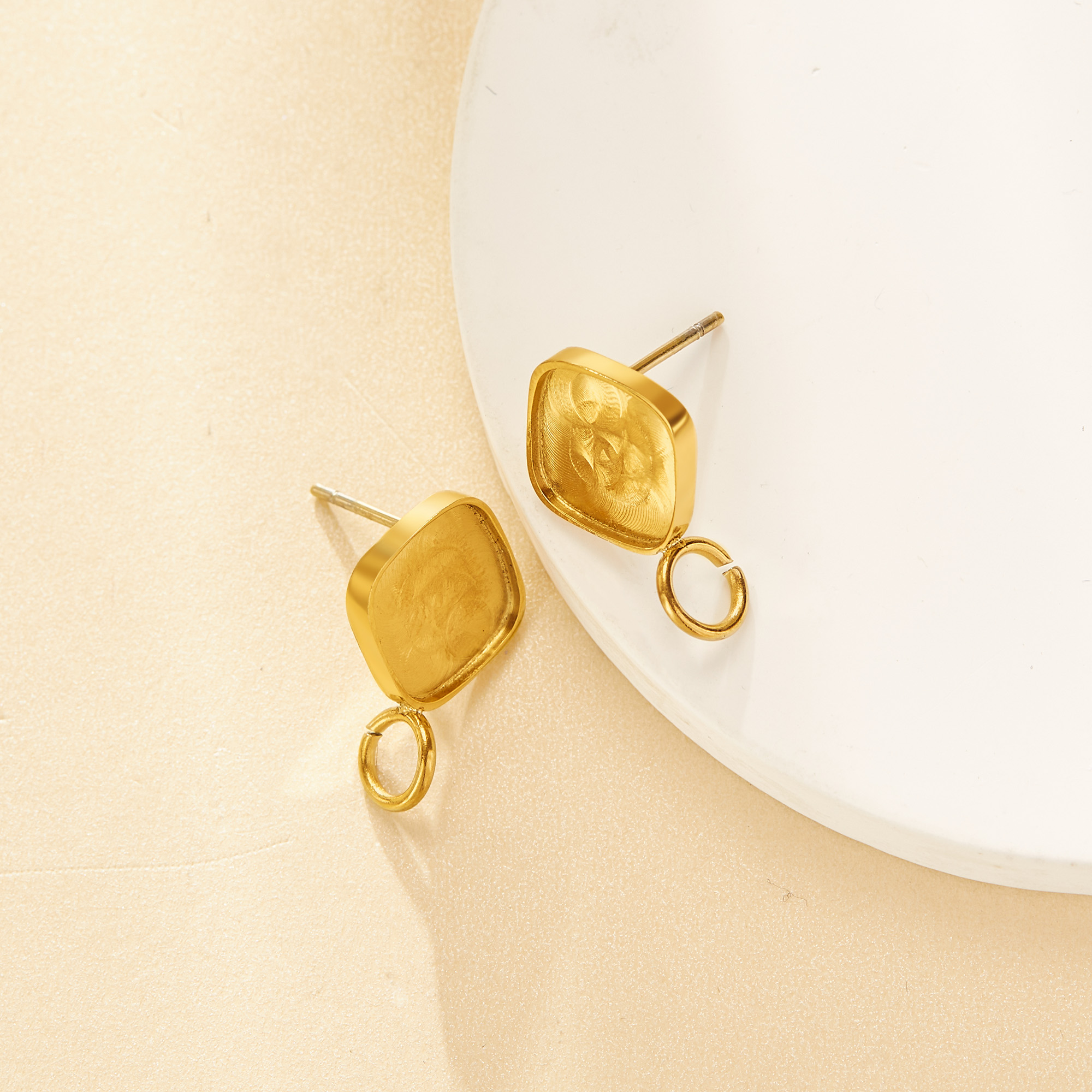 1Pair 11MM Keepsake Resin Cushion Square Studs Earrings Settings With Loop,Stainless Steel Gold Plated Earrings,DIY Earring Supplies 1705082