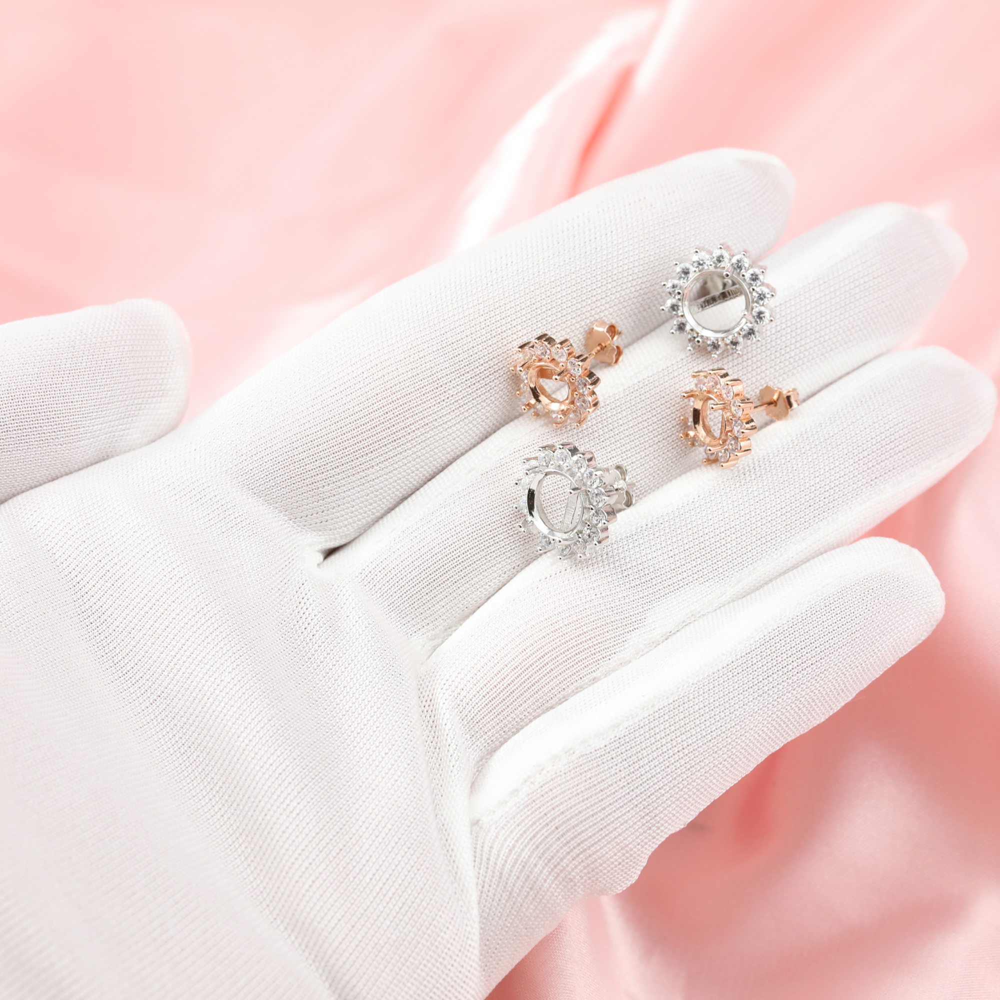 4-8MM Halo Round Studs Earrings Settings Solid 14K 18K Gold DIY Supplies with Moissanite for Gemstone 1706015-1