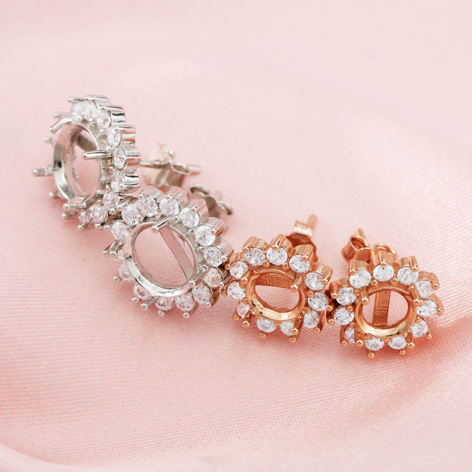 4-8MM Halo Round Studs Earrings Settings Solid 14K 18K Gold DIY Supplies with Moissanite for Gemstone 1706015-1