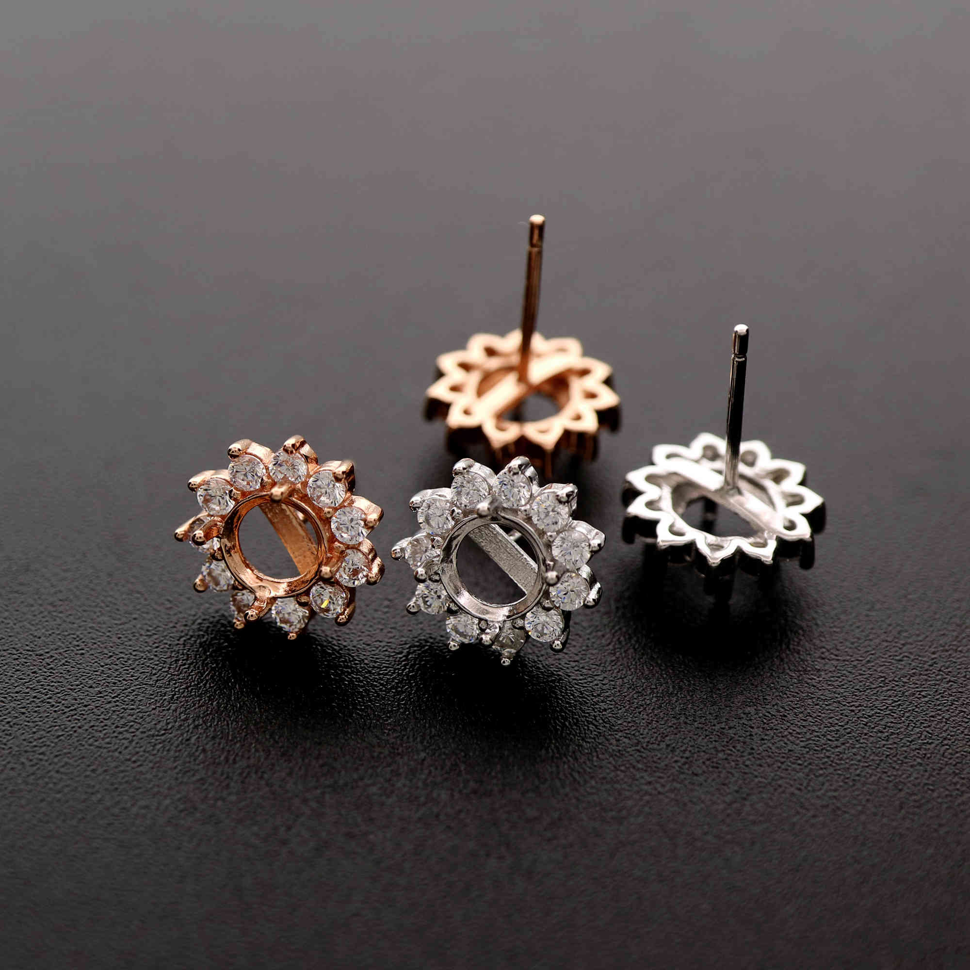 1Pair 4-10MM Round Solid 925 Sterling Silver Rose Gold Tone DIY Prong Studs Earrings Settings Bezel With Cubic Zirconia 1706015 - Click Image to Close