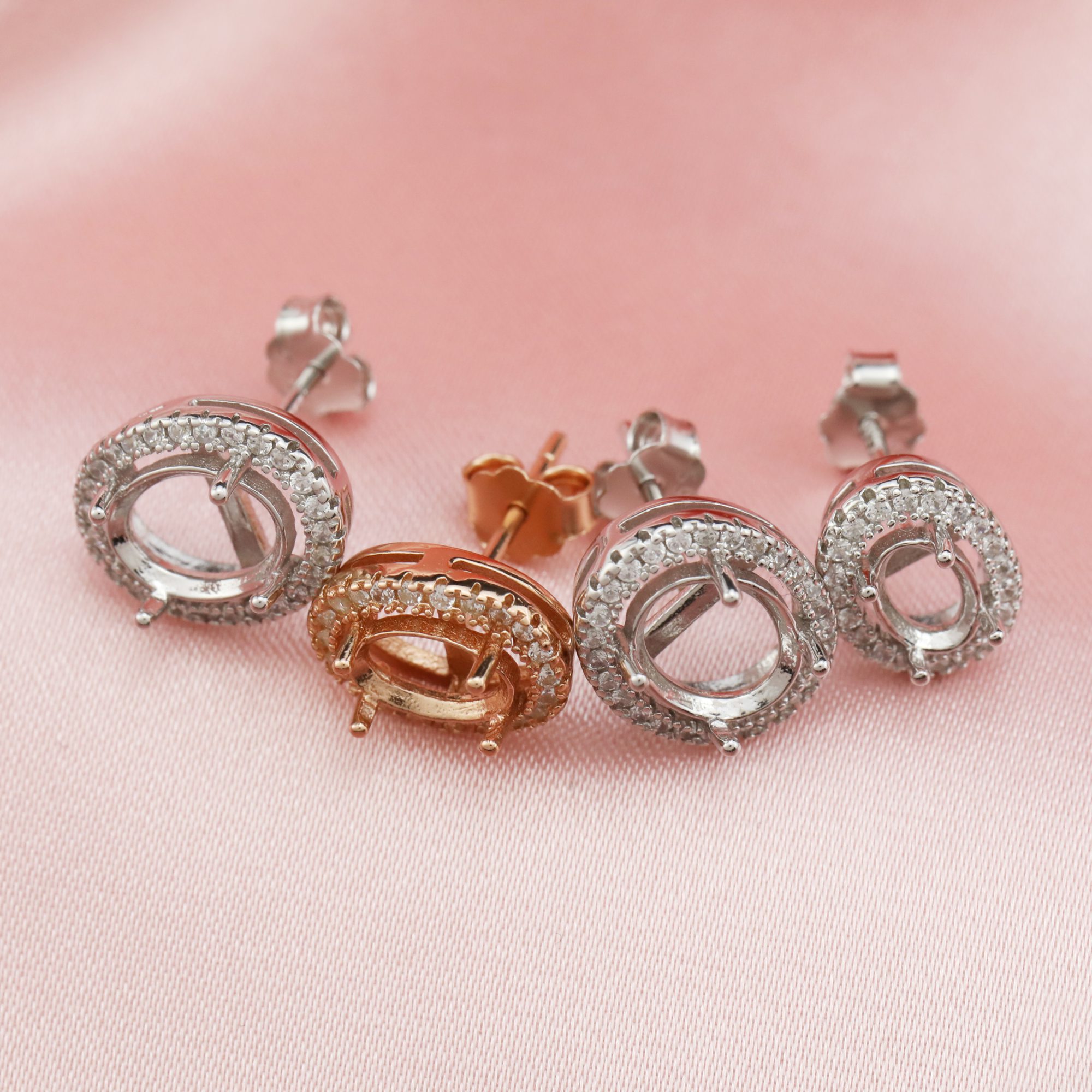 14K Solid Gold Oval Prongs Studs Earrings Settings with Halo Moissanite Accents Stone for Faceted Gemstone DIY Supplies Findings 1706016-1