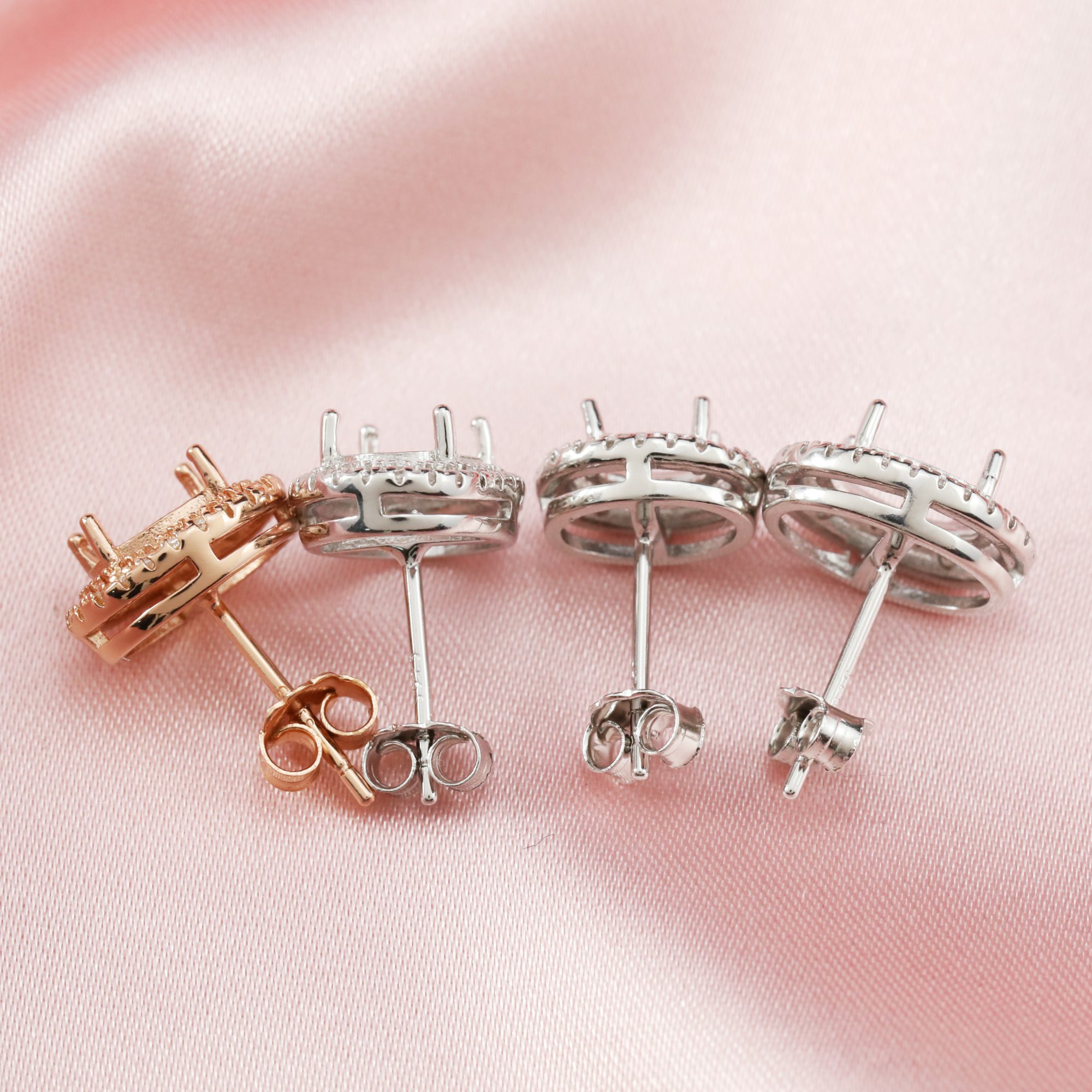 14K Solid Gold Oval Prongs Studs Earrings Settings with Halo Moissanite Accents Stone for Faceted Gemstone DIY Supplies Findings 1706016-1