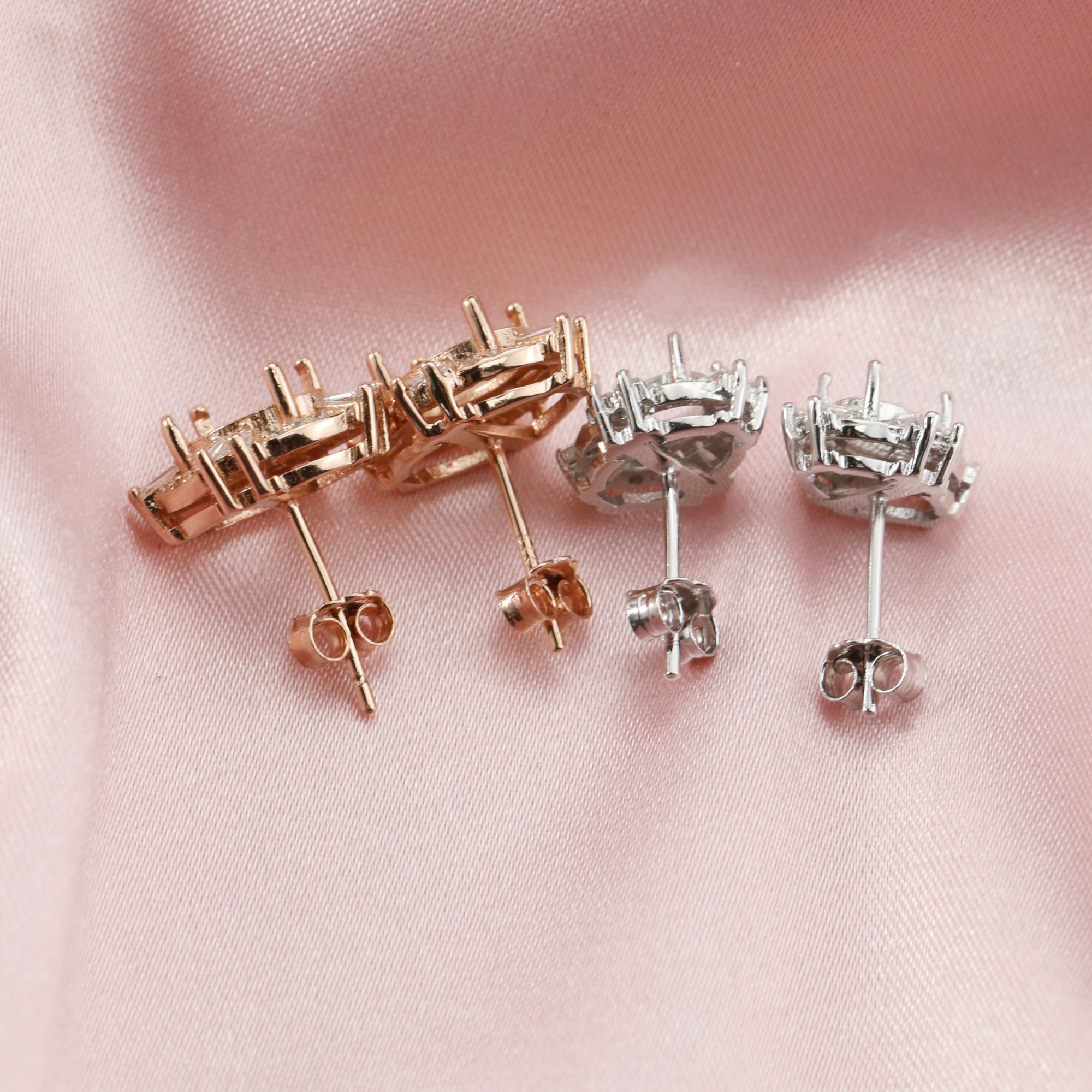 14K Solid Gold Oval Prongs Studs Earrings Settings Art Deco with Moissanite Accents Stone for Faceted Gemstone DIY Supplies Findings 1706018-1