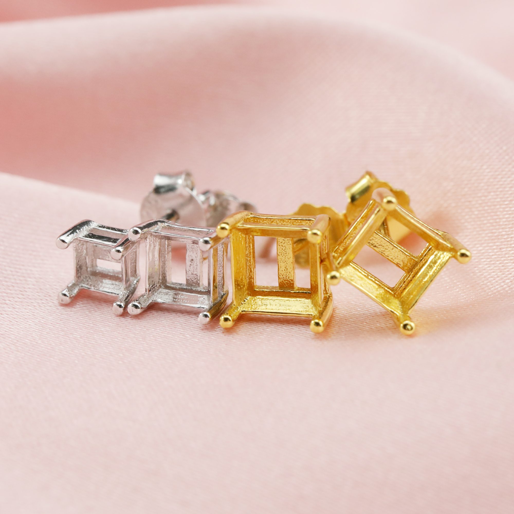 4-8MM Princess Cut Square Prongs Studs Earrings Settings Solid 14K/18K Gold for Gemstone DIY Supplies 1706023-1 - Click Image to Close