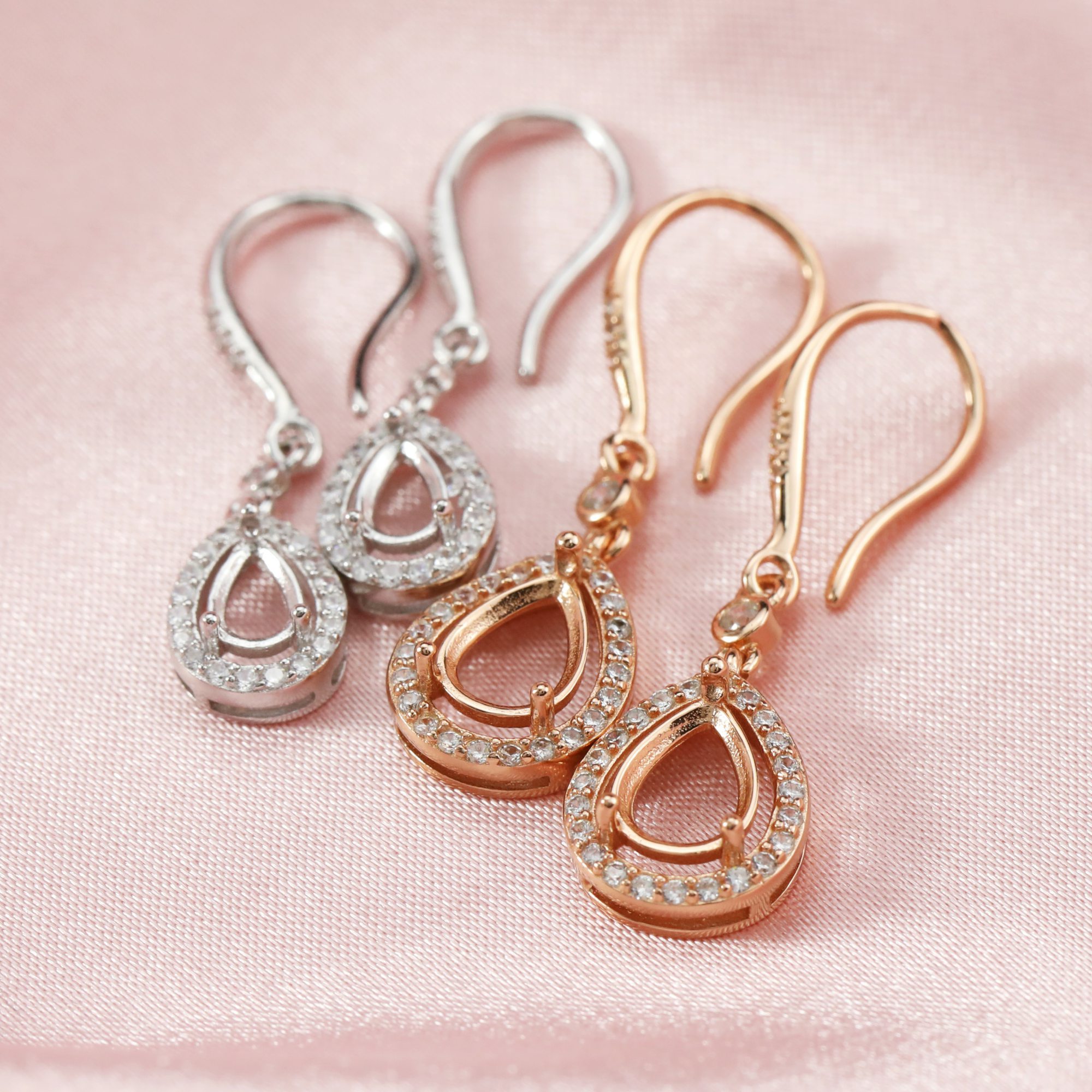 14K Solid Gold Halo Pear Prongs Hook Earrings Settings for Faceted Gemstone DIY Supplies Findings 1706039-1