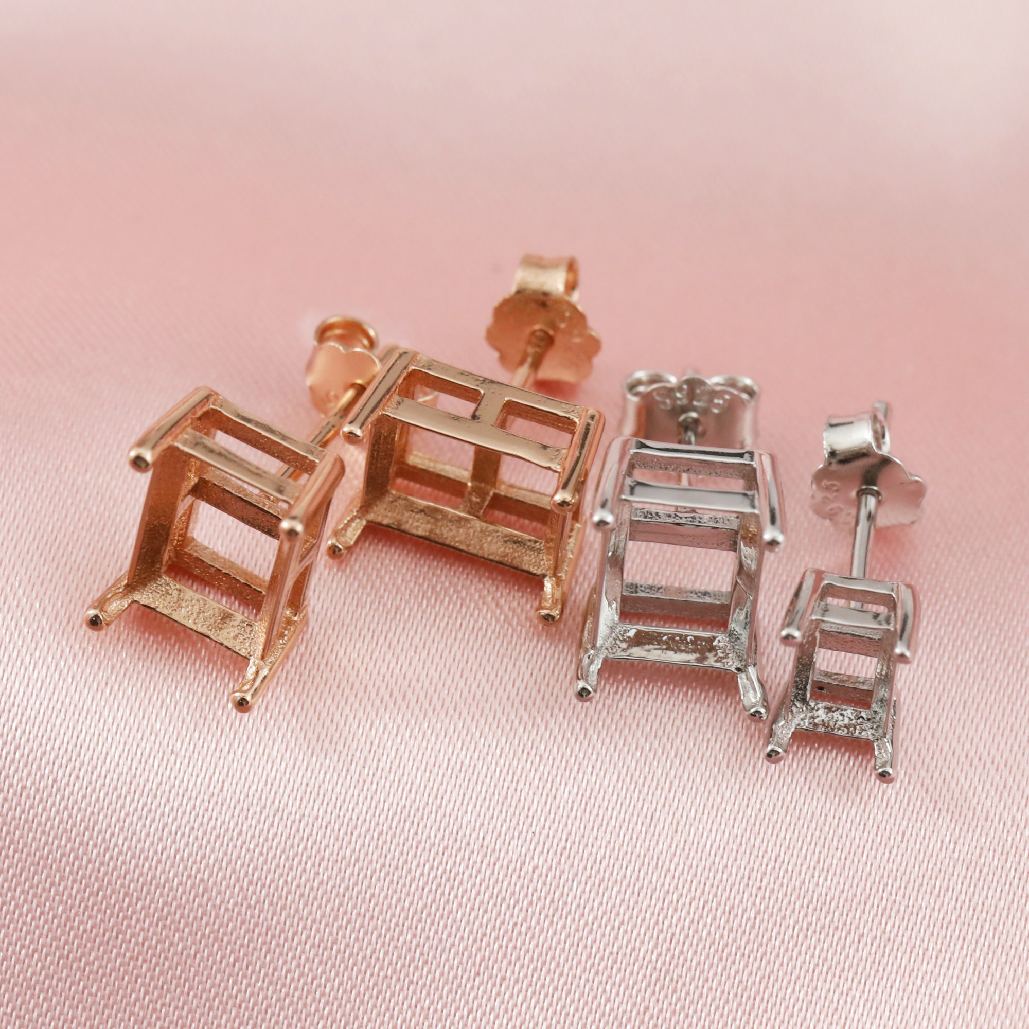 14K Solid Gold Rectangle Prongs Studs Earrings Settings for Faceted Gemstone DIY Supplies Findings 1706043-1 - Click Image to Close