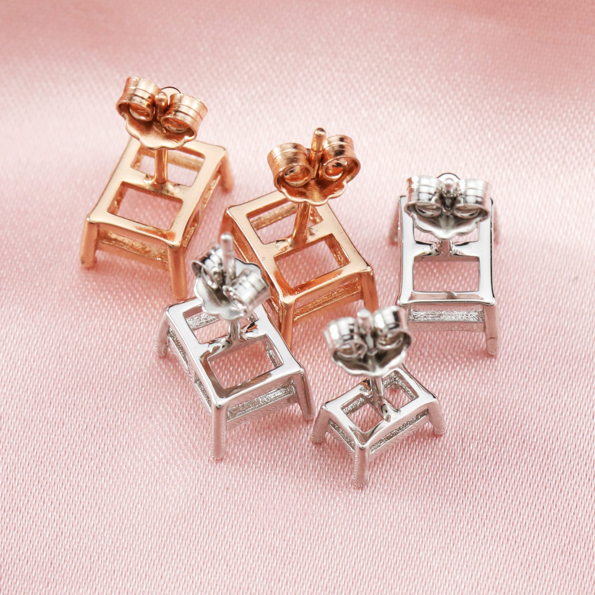 14K Solid Gold Rectangle Prongs Studs Earrings Settings for Faceted Gemstone DIY Supplies Findings 1706043-1 - Click Image to Close