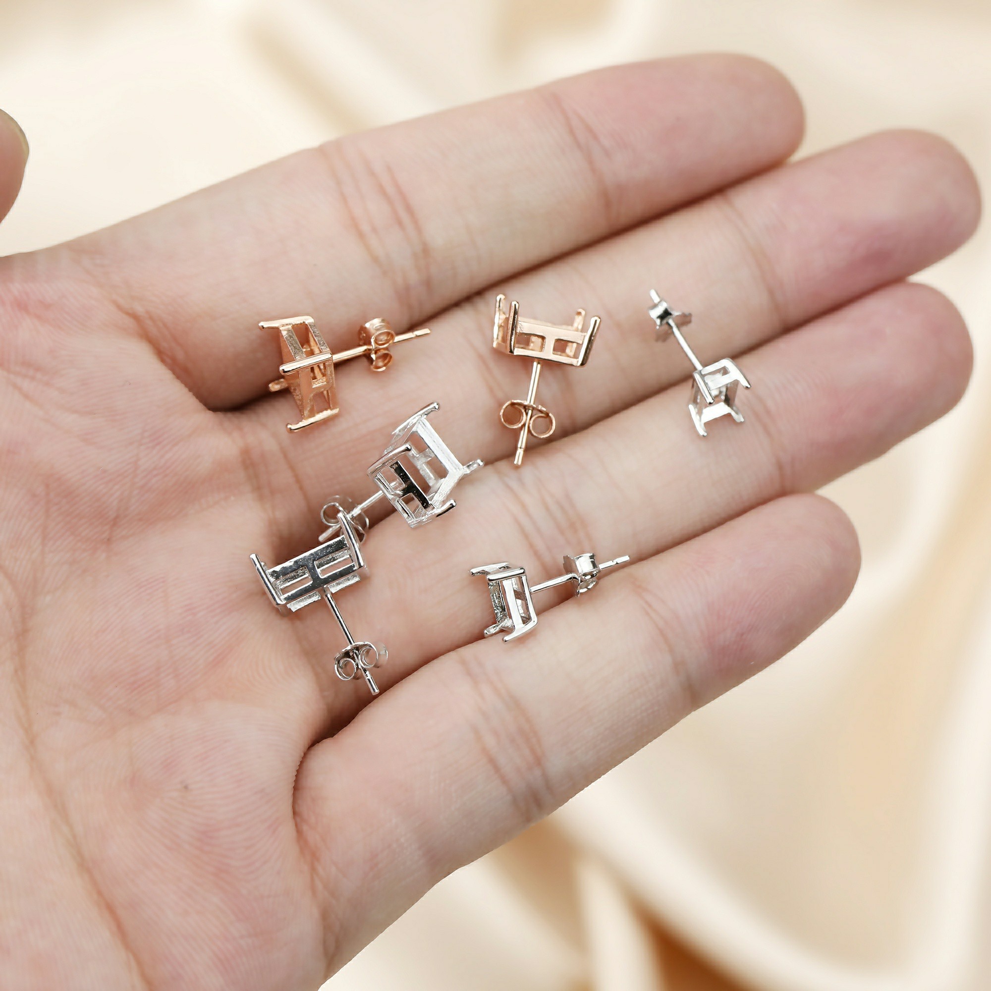 1Pair Multiple Size Prong Bezel Rose Gold Plated Solid 925 Sterling Silver Studs Earrings Blank Settings for Gemstone Moissanite 1706043 - Click Image to Close