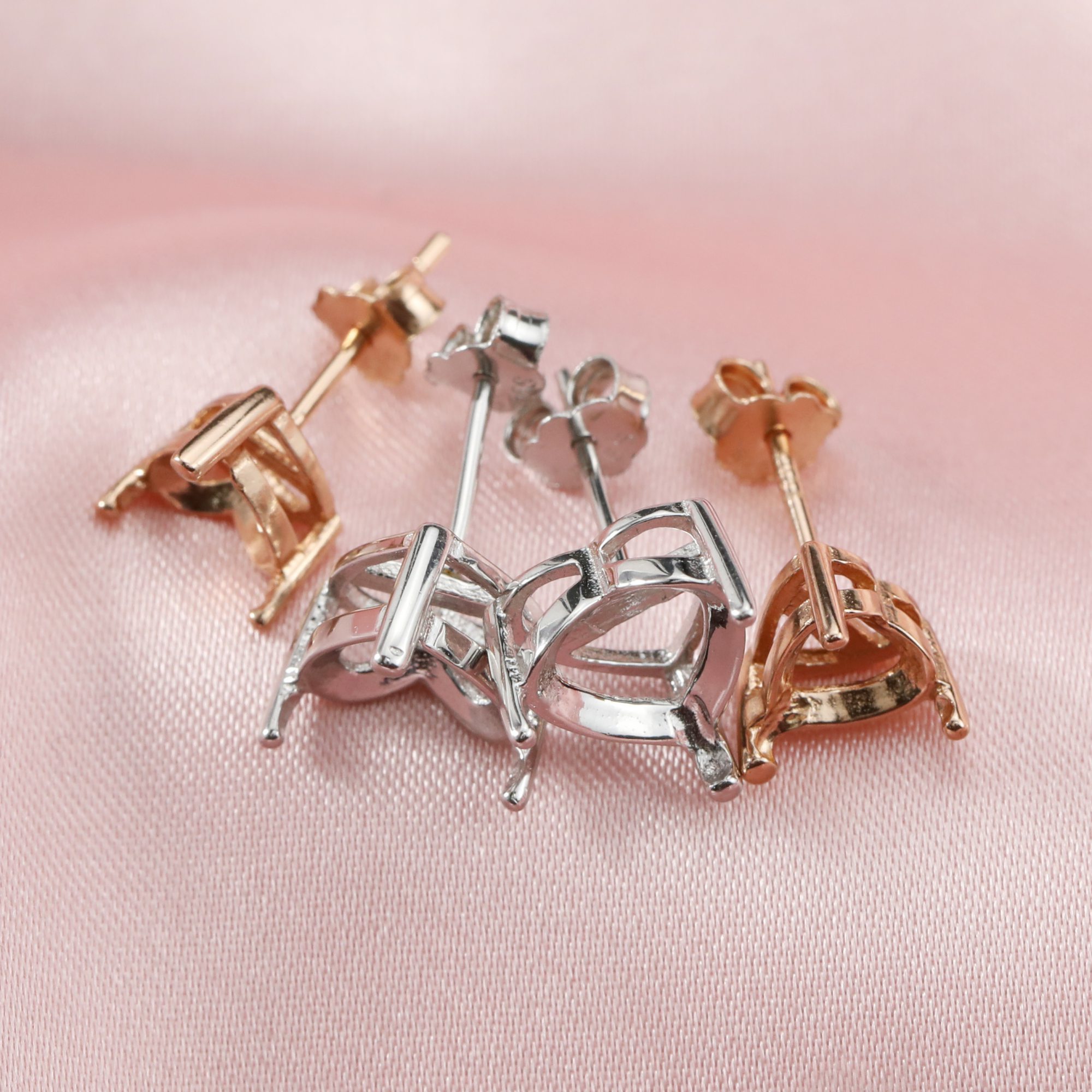 14K Solid Gold Heart Prongs Studs Earrings Settings for Faceted Gemstone DIY Supplies Findings 1706045-1