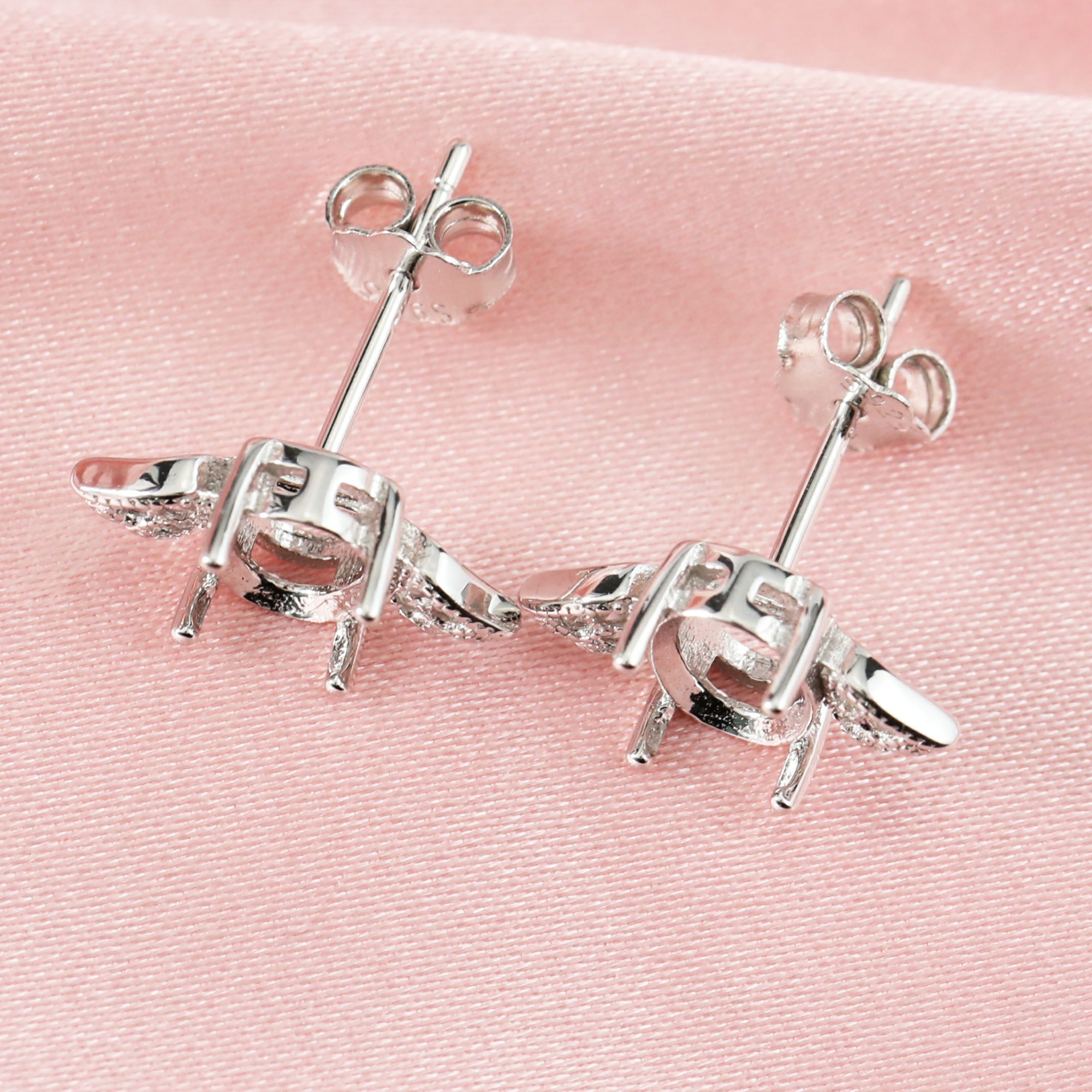 Keepsake Oval Studs Earrings Settings Angel Wing Solid 14K Gold with Moissanite Accents Bezel DIY Supplies for Gemstone Jewelry 1706054-1