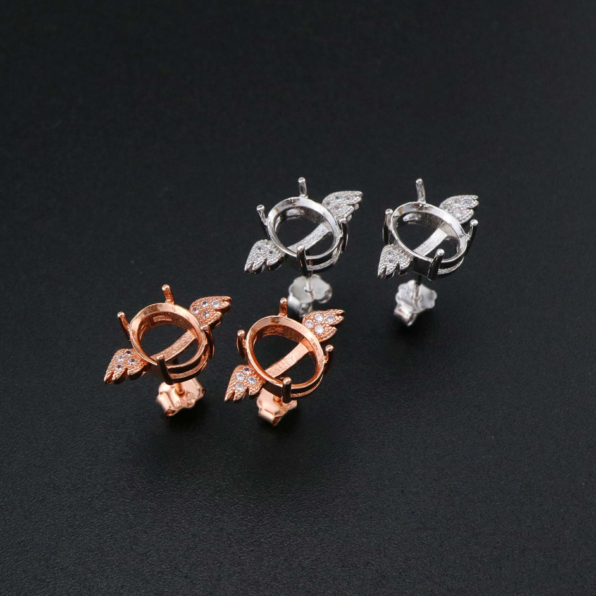 1Pair Oval Studs Earrings Settings Angel Wing Rose Gold Plated Solid 925 Sterling Silver Bezel DIY Supplies for Gemstone Jewelry 1706054 - Click Image to Close