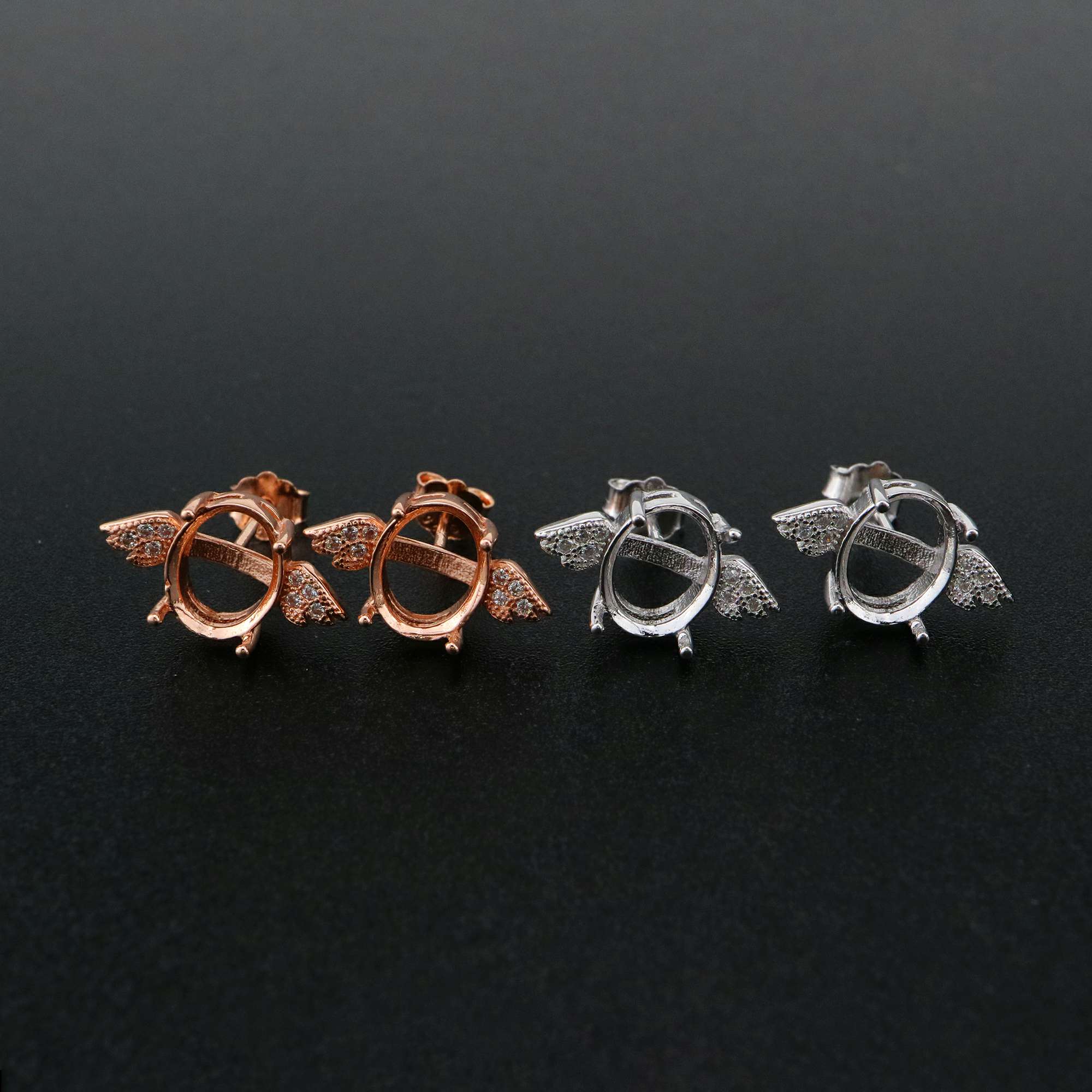 1Pair Oval Studs Earrings Settings Angel Wing Rose Gold Plated Solid 925 Sterling Silver Bezel DIY Supplies for Gemstone Jewelry 1706054 - Click Image to Close