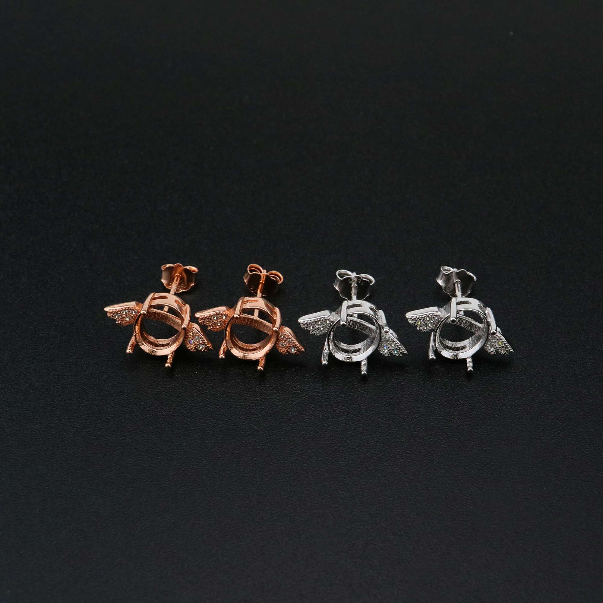 1Pair Oval Studs Earrings Settings Angel Wing Rose Gold Plated Solid 925 Sterling Silver Bezel DIY Supplies for Gemstone Jewelry 1706054 - Click Image to Close