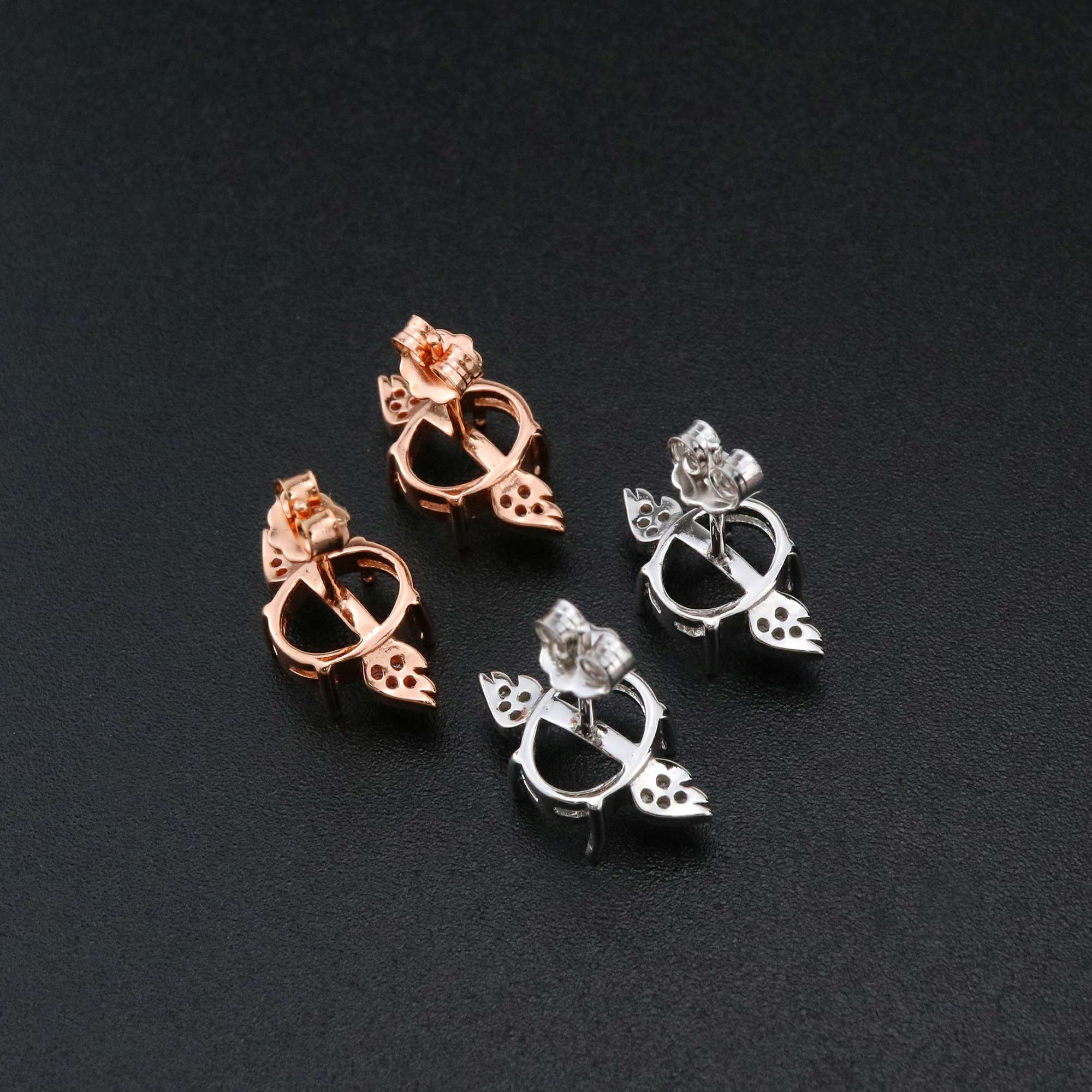 1Pair Oval Studs Earrings Settings Angel Wing Rose Gold Plated Solid 925 Sterling Silver Bezel DIY Supplies for Gemstone Jewelry 1706054 - Click Image to Close