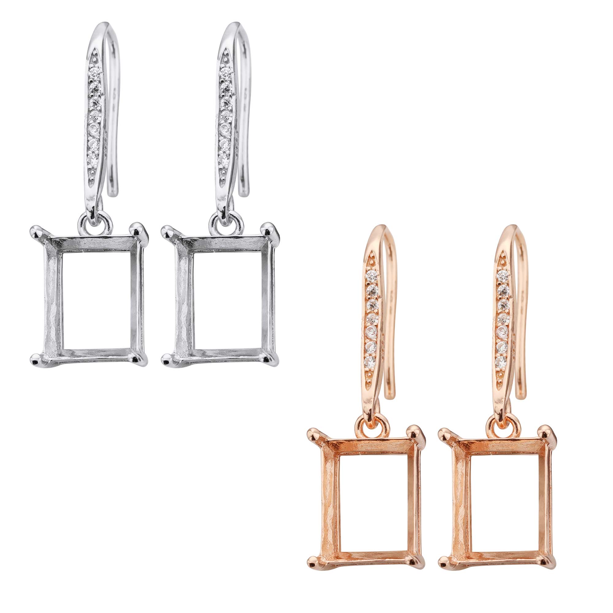 1Pair 8x10MM Rectangle Hook Earrings Settings Rose Gold Plated Solid 925 Sterling Silver Bezel DIY Supplies for Gemstone Jewelry 1706059 - Click Image to Close