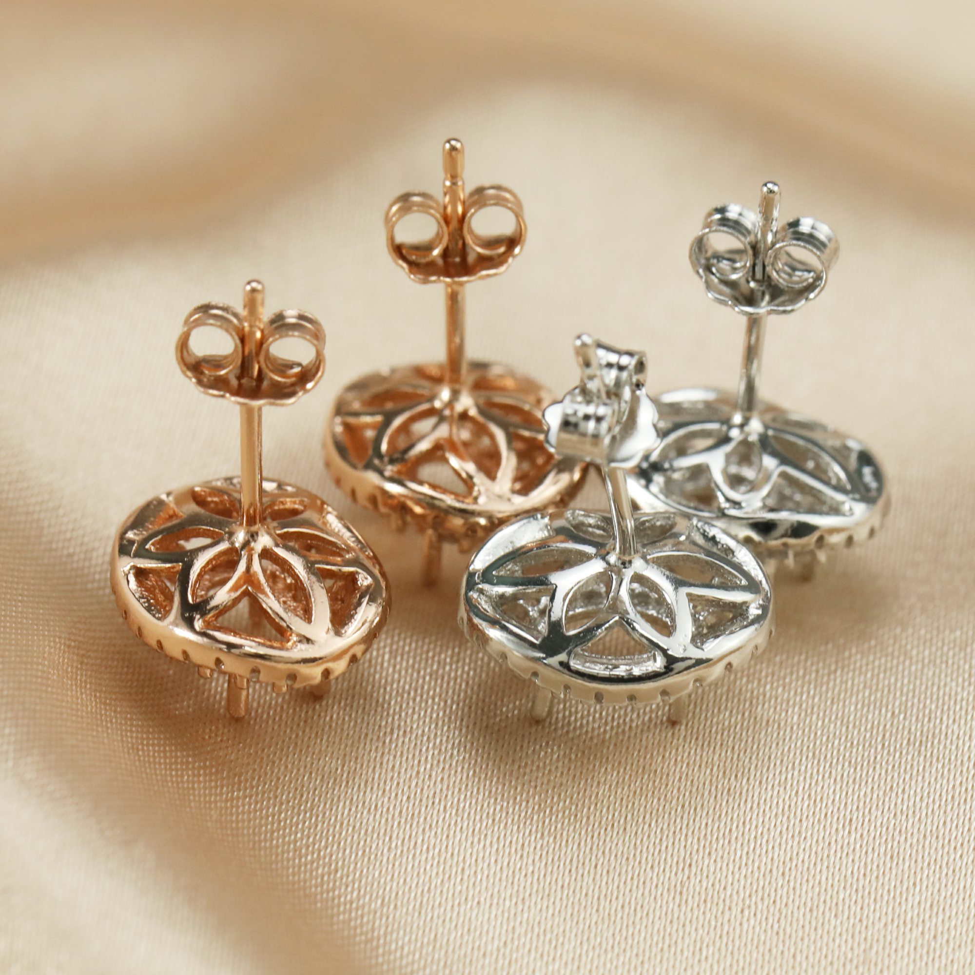4x6MM Double Halo Oval Studs Earrings Settings Solid 925 Sterling Silver Rose Gold Plated DIY Supplies for Gemstone 1706093 - Click Image to Close