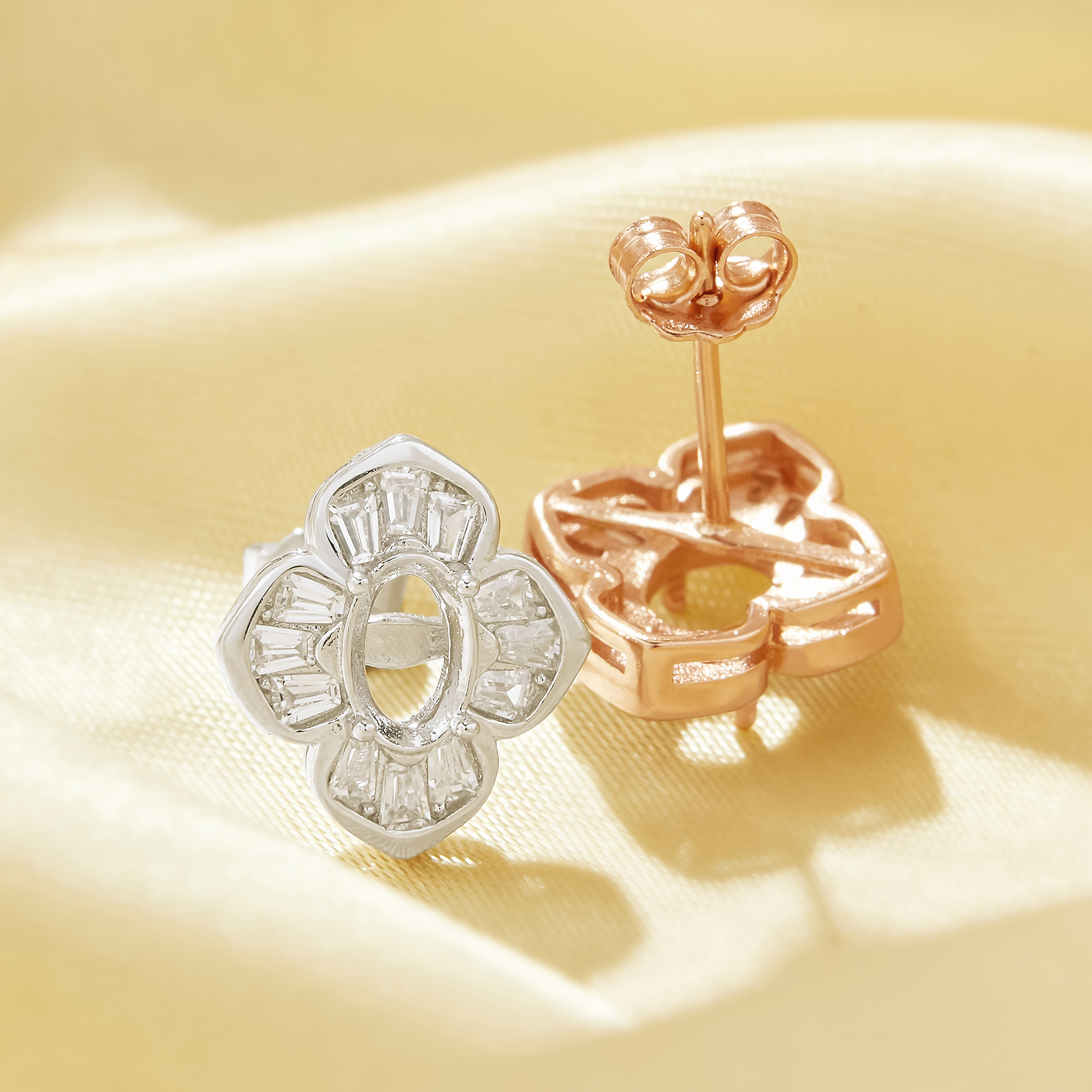 Flower Oval Prong Studs Earrings Settings,Flower Solid 925 Sterling Silver Rose Gold Plated Earrings,Vintage Styles Earrings,DIY Earrings Bezel For Gemstone 1706178 - Click Image to Close
