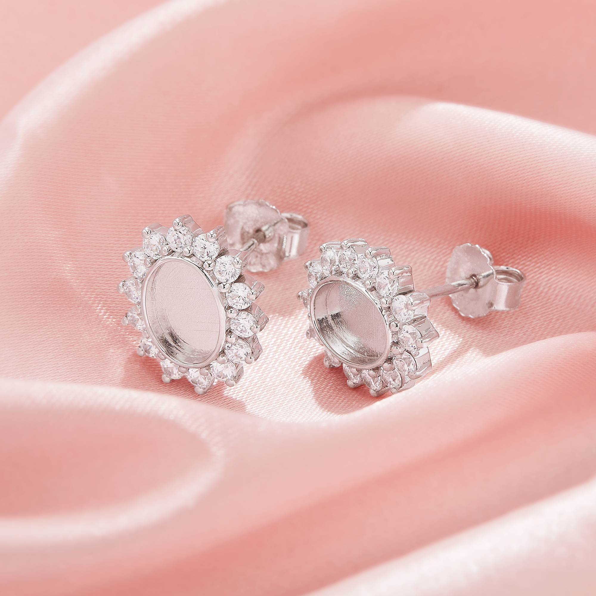 Keepsake Breast Milk Resin Halo Oval Bezel Studs Earrings Blank Settings,Sun Flower Solid 925 Sterling Silver Studs Earring,DIY Earrings Supplies 1706210-1