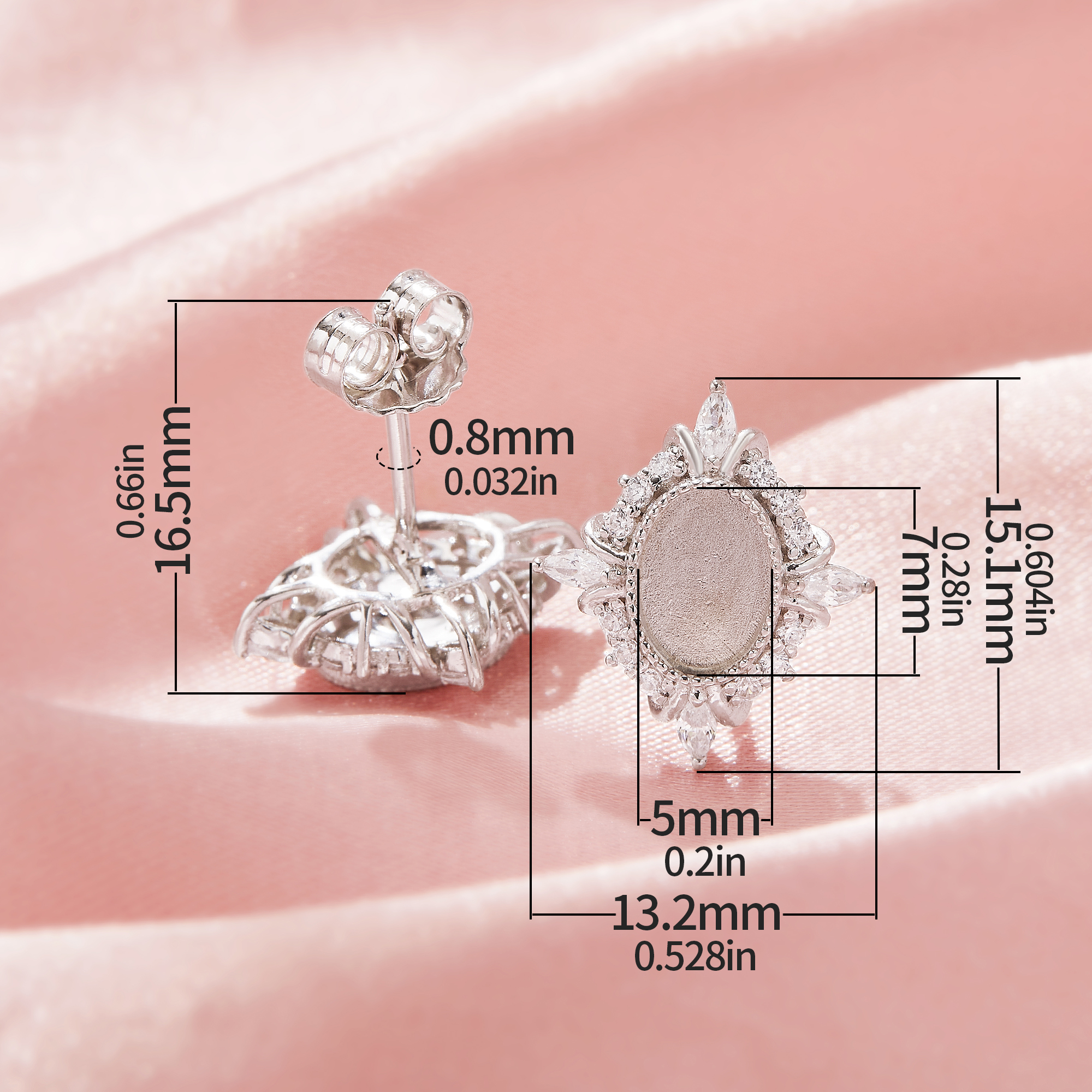 Keepsake Breast Milk Resin 5x7MM Oval Bezel Studs Earrings Blank Settings,Solid 925 Sterling Silver Studs Earring,Vintage Styles Earrings,DIY Earrings Supplies 1706211-1