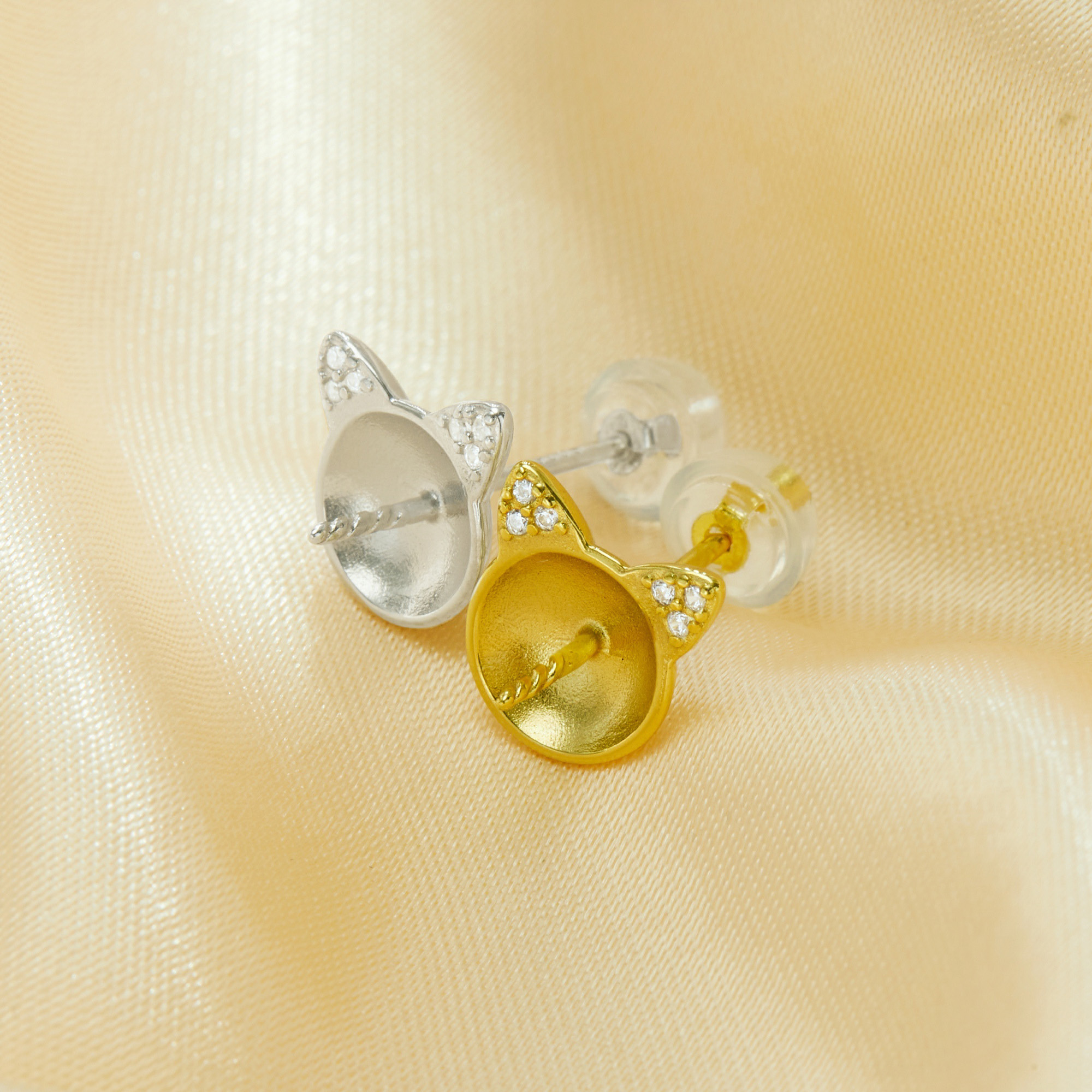 Keepsake Breast Milk Resin Ball Round Pin Studs Earrings Settings for 8-9MM Half Drilled Pearl Bead,Cat Solid 925 Sterling Silver Gold Plated Earrings,Cat Art Deco Earrings,DIY Earrings Supplies 1706216 - Click Image to Close