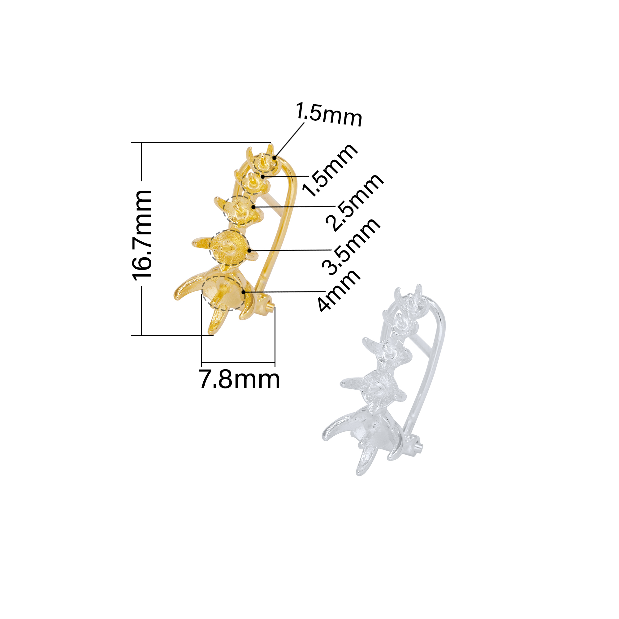 Five Stones Round Pin Hoops Earrings Settings for 2.5MM 3MM 3.5MM 4MM 5MM Half Drilled Pearl Bead,Solid 925 Sterling Silver Gold Plated Earrings,DIY Earrings Supplies 1706221 - Click Image to Close