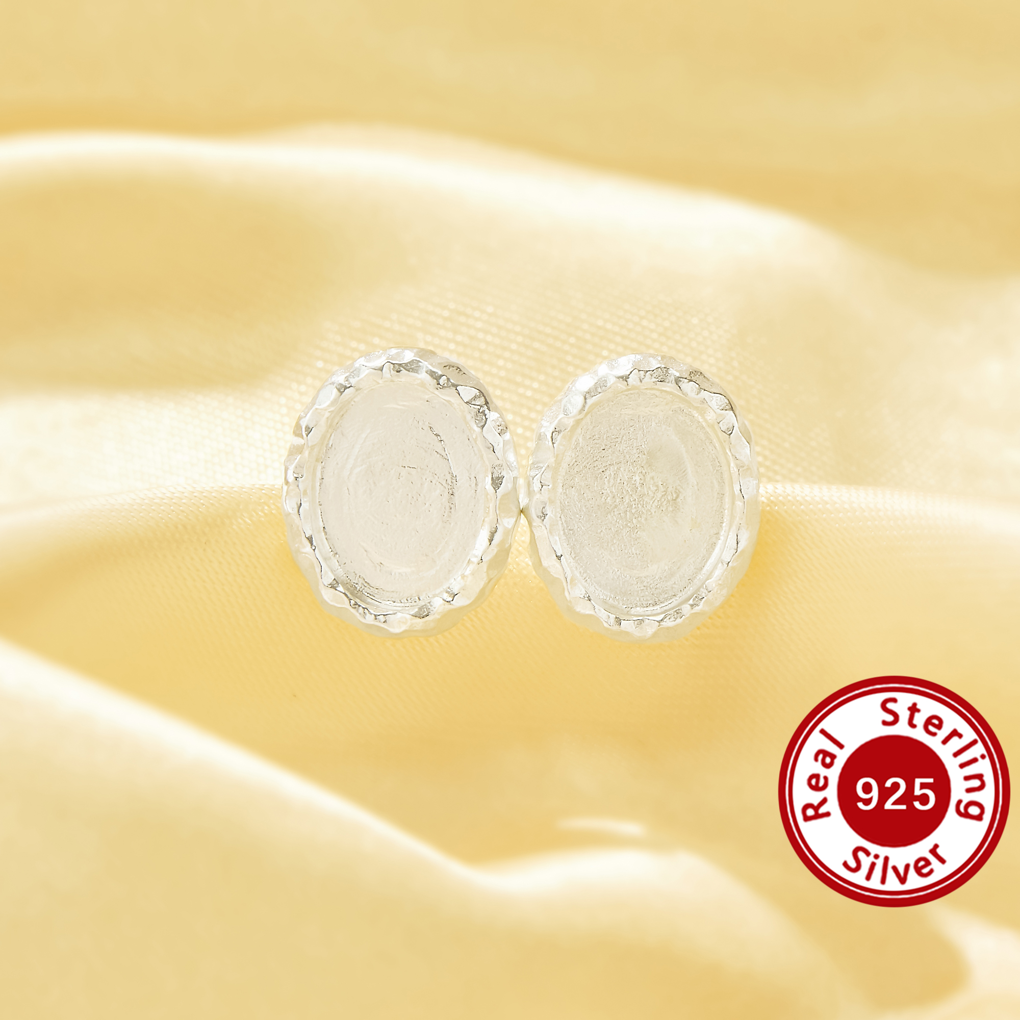 7x9MM Keepsake Mother Milk Resin Ring Bezel Settings,Solid 925 Sterling Silver Oval Earring Settings,Plain Silver No Plating Hammerd Textured DIY Jewelry Base 1706263