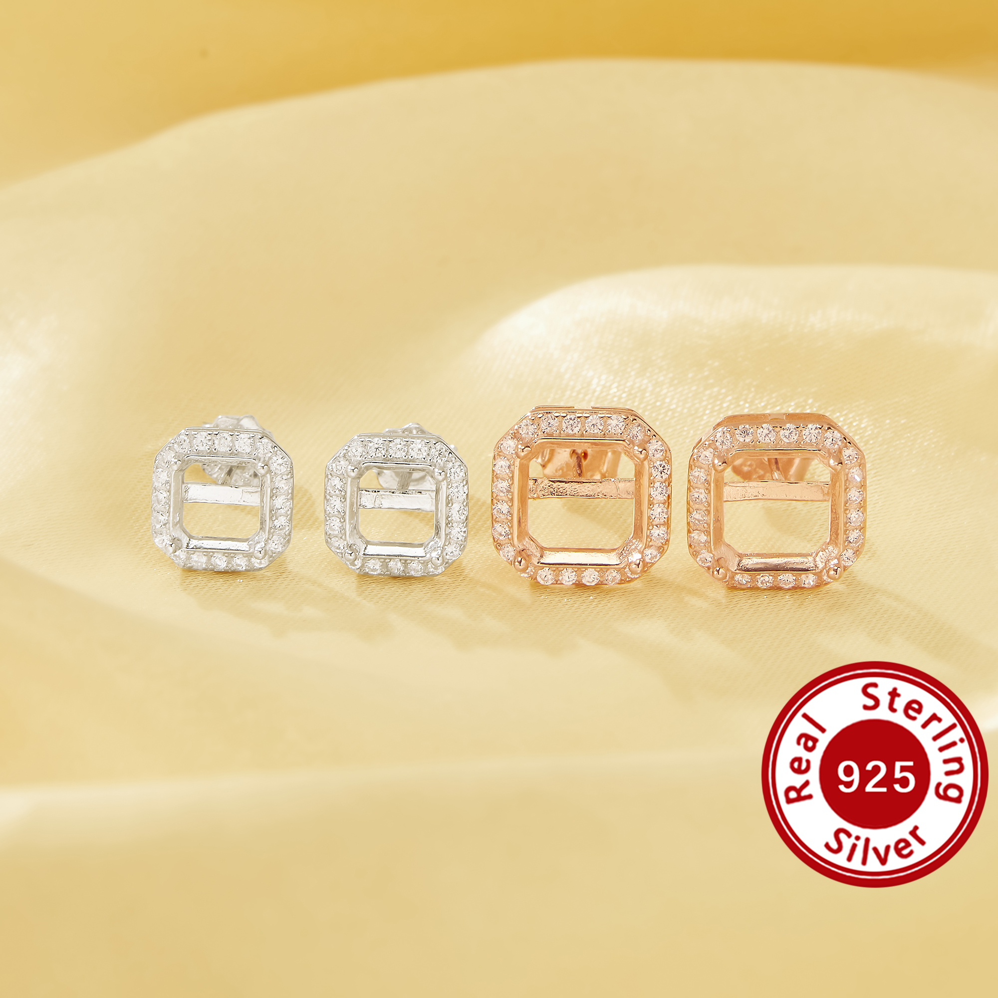 3-8MM Square Halo Earrings Settings, Solid 925 Sterling Silver Rose Gold Plated Earring, Simple Octagon Earrings, DIY Earring Making 1706279