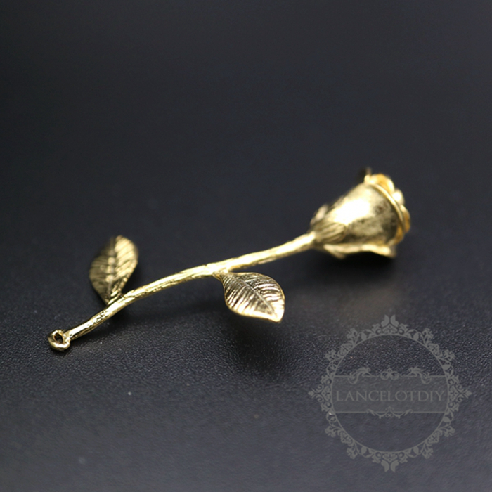 6pcs 9x38mm raw brass rose branch pendant charm 1800225 - Click Image to Close