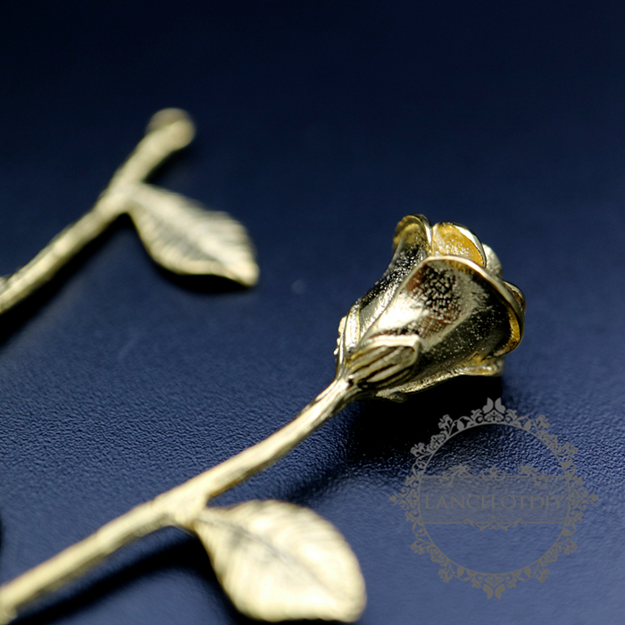 6pcs 9x38mm gold color brass rose branch pendant charm 1850277 - Click Image to Close