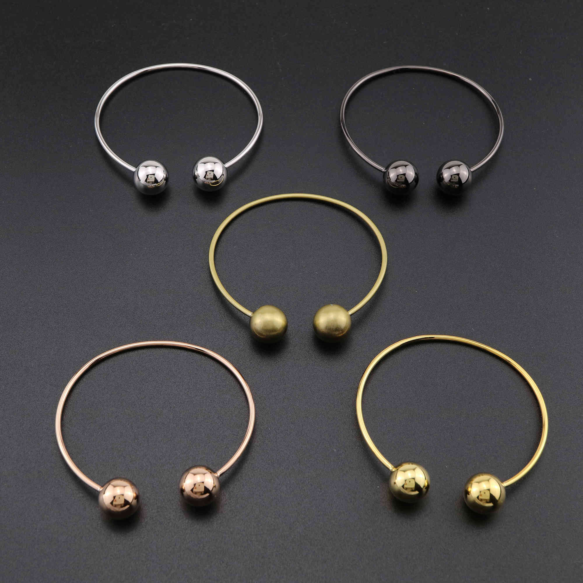 1Pcs Vintage Style Brass Rose Gold Silver Bronze Black Plated Double Balls End Bracelet Bangle DIY Beading Supplies 1900240 - Click Image to Close