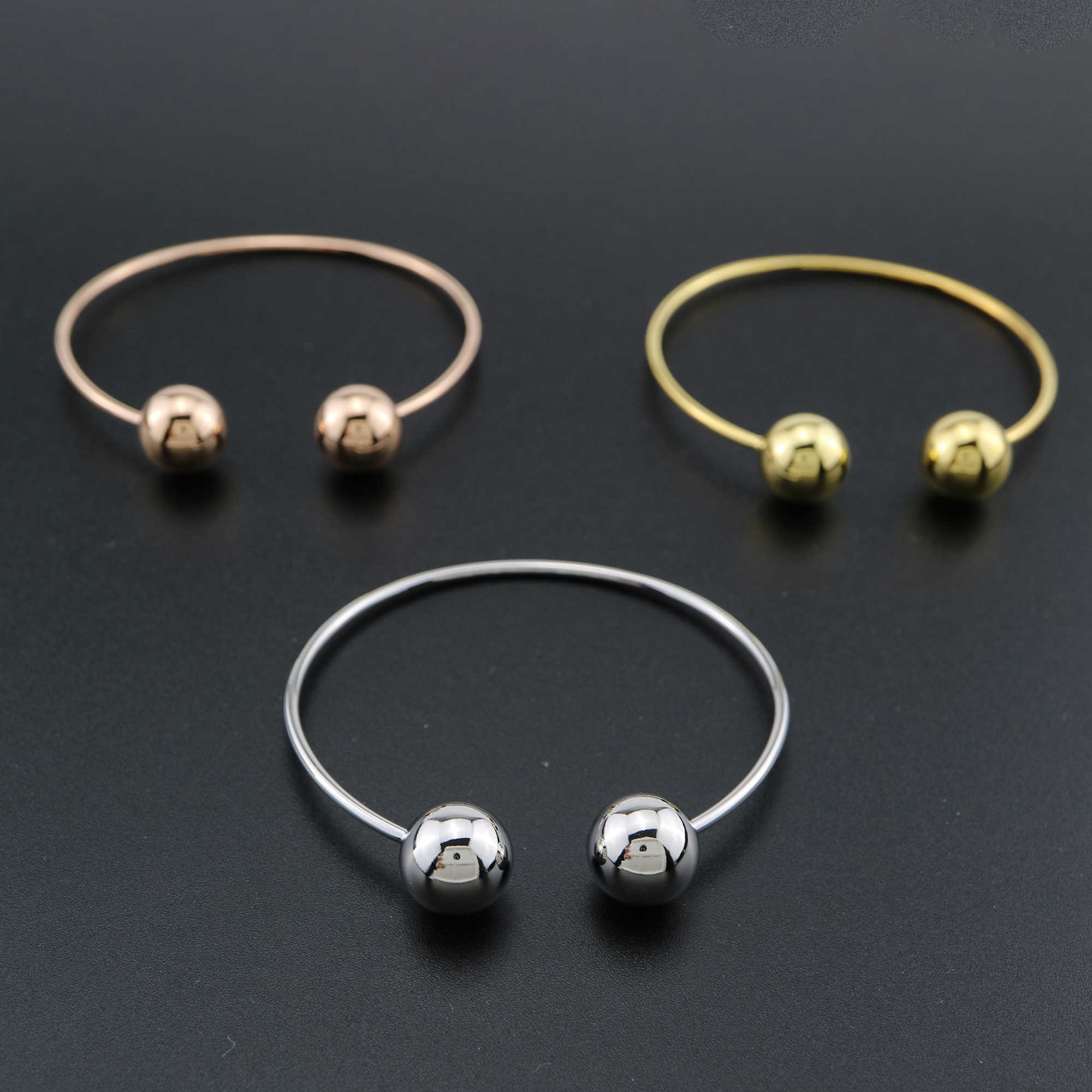 1Pcs Vintage Style Brass Rose Gold Silver Bronze Black Plated Double Balls End Bracelet Bangle DIY Beading Supplies 1900240 - Click Image to Close