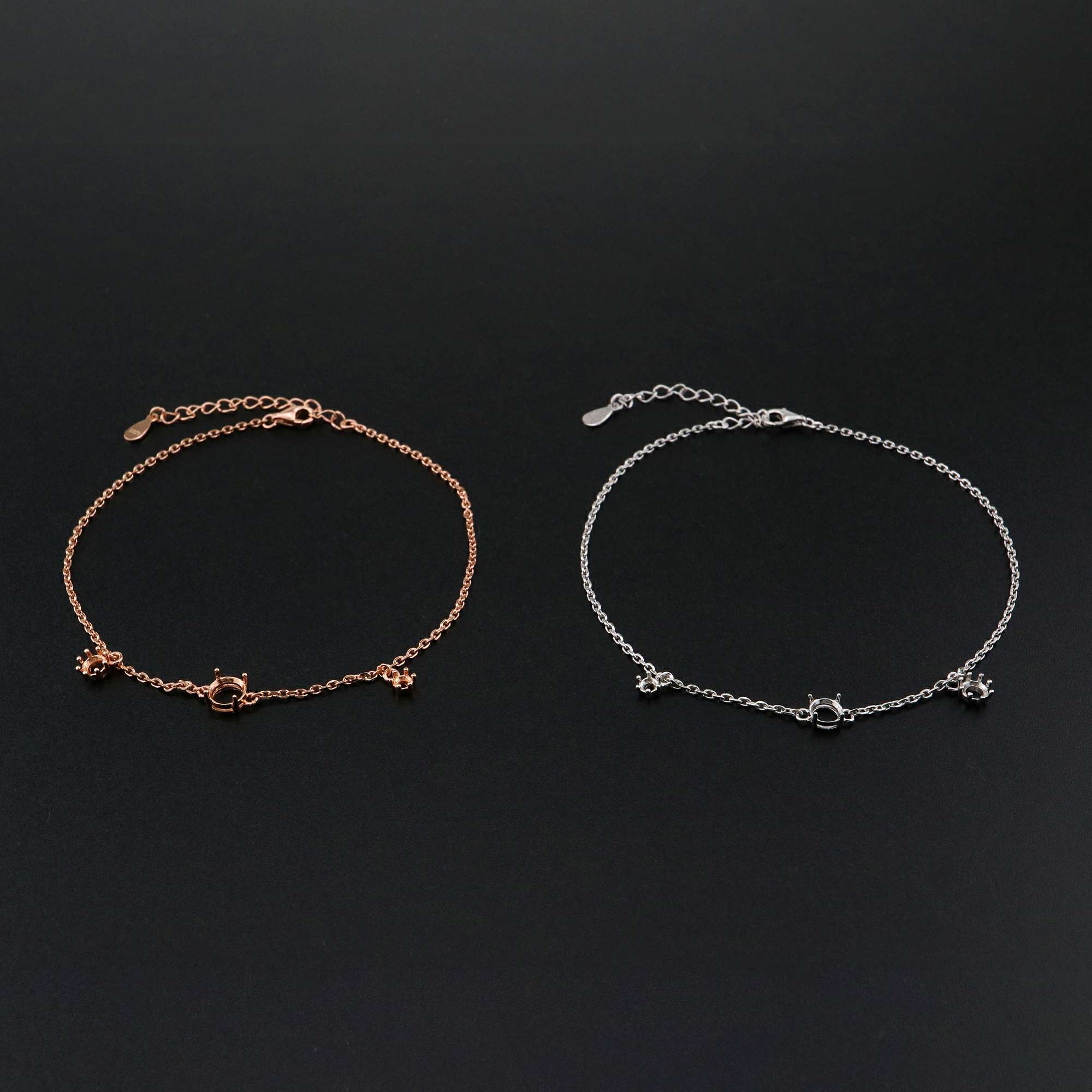 1Pcs Three Stones Round Prong Bracelet Settings Rose Gold Plated Solid 925 Sterling Silver Bezel Tray for Gemstone 8''+2'' 1900241 - Click Image to Close