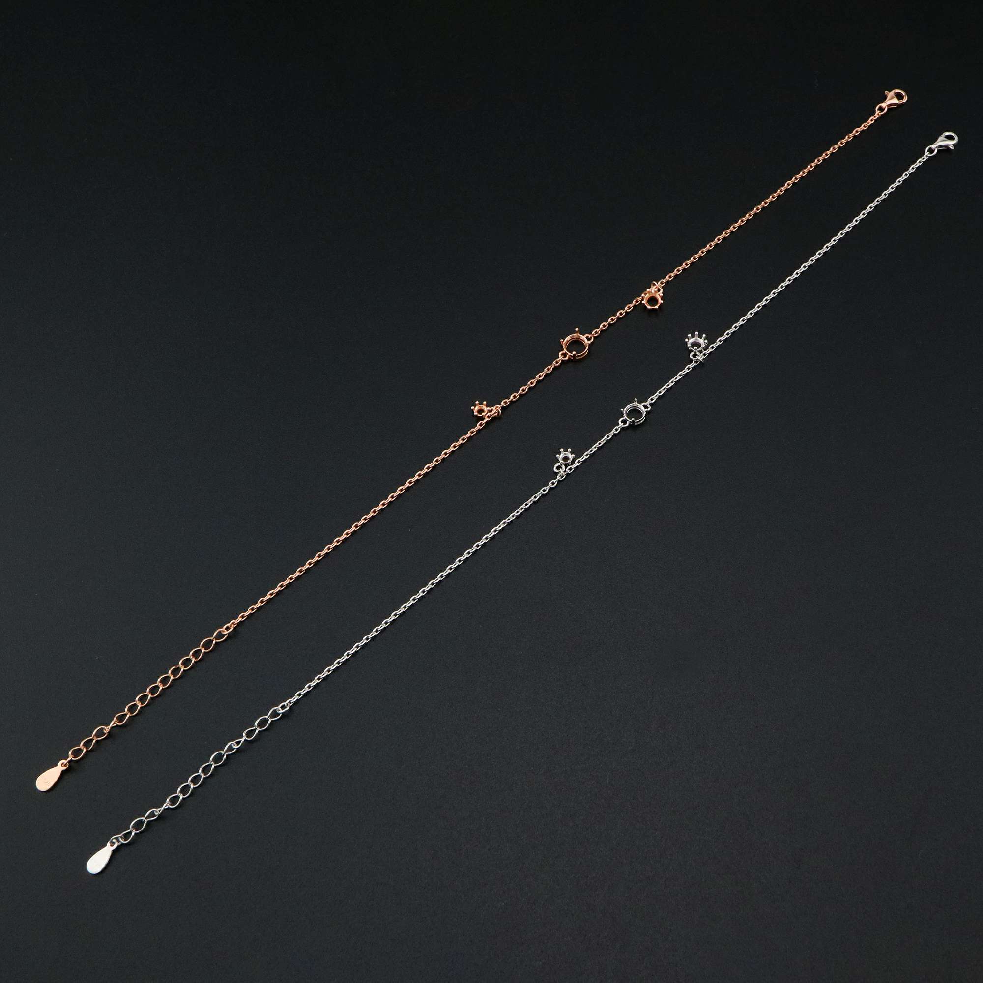 1Pcs Three Stones Round Prong Bracelet Settings Rose Gold Plated Solid 925 Sterling Silver Bezel Tray for Gemstone 8''+2'' 1900241 - Click Image to Close