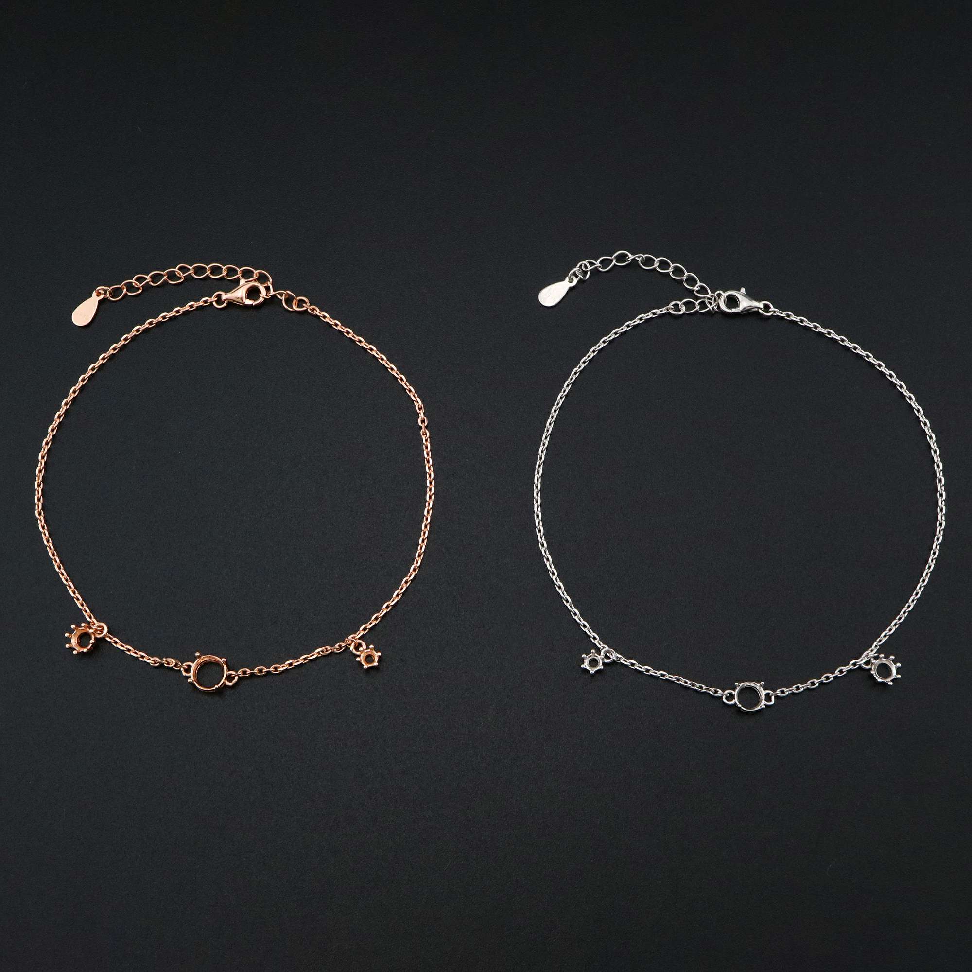 1Pcs Three Stones Round Prong Bracelet Settings Rose Gold Plated Solid 925 Sterling Silver Bezel Tray for Gemstone 8''+2'' 1900241 - Click Image to Close